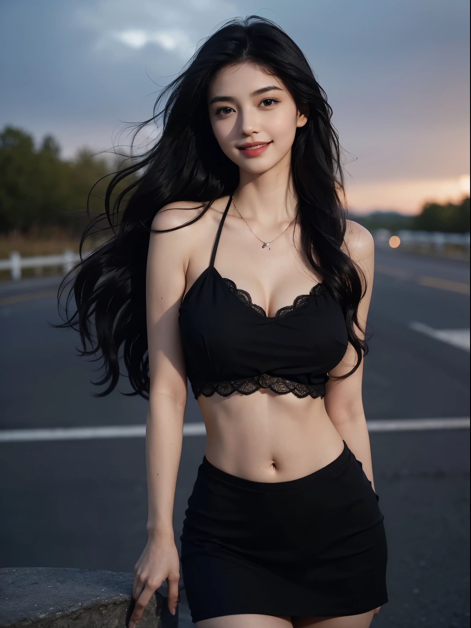 1girl, masterpiece, (extremely intricate:1.2), woman, ultra detailed, finely detailed face, extremely detailed face, pale skin, black_hair, sexy, curvy hair, medium hair, large breast, high quality, best quality, realistic, ultra realistic, photorealistic, looking at viewer, beautiful delicate eyes, highest quality, highres, Raw Photo, 8k, detailed eyes, highest resolution, looking at camera, (exquisitely detailed skin), light smile, curvy, calm lighting, perfectly drawn eyes, ((deep dark, night, dark theme:1.1)), depth of field, (((on a roadside, black short dress, large breasts, lusty smile, strip necklace, ((navel)), wavy hair, floating hair, winblowing hair,