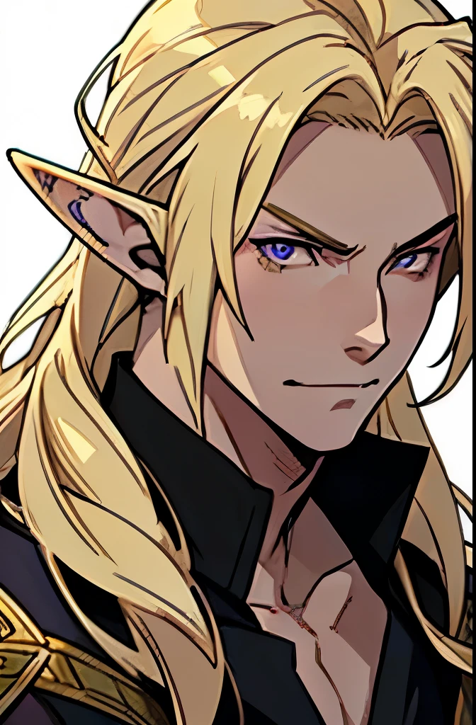 anime - style image of a young elf with purple eyes and blonde hair, blonde hair, blonde hair, a portrait of a male elf, beautiful male elf, a male elf, portrait of a young elf wizard, handsome guy in demon slayer art, elven male, young half elf wizard, beautiful androgynous prince, elven character with smirk, artwork in the style of guweiz, serious face, open chest shirt, 