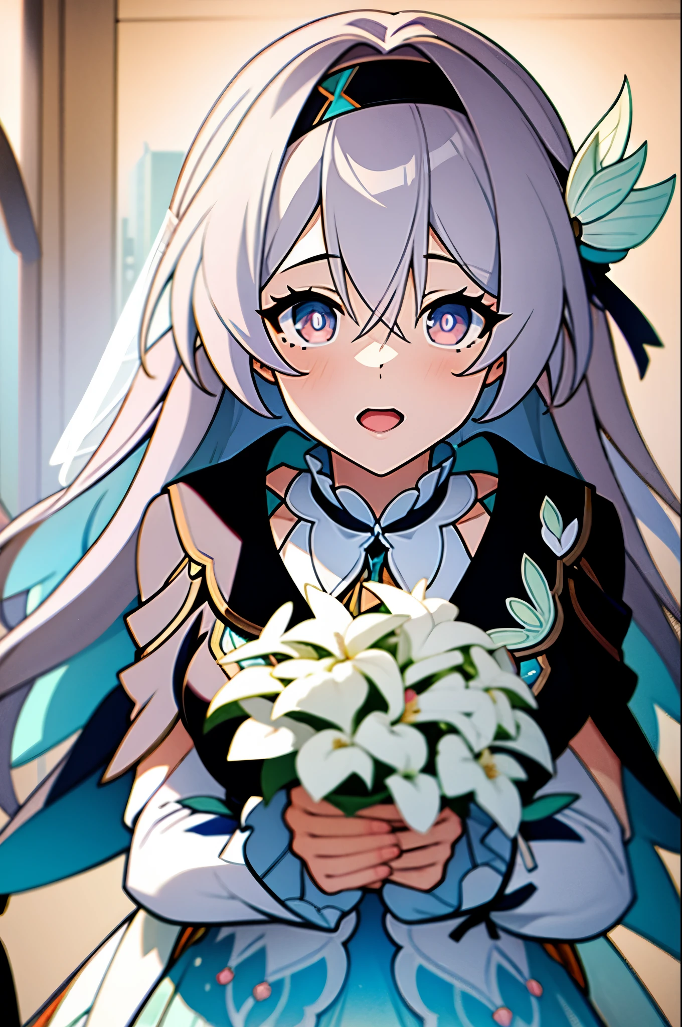 (masterpiece, best quality:1.2), 1 girl,Blue-pink gradient pupils，Brown and light teal，silver long hair，White·，sit，looki at viewer，（（（Wedding dress）））（（（Wedding dress头巾）））（（（bunch of flowers）））sea，excited，open mouth