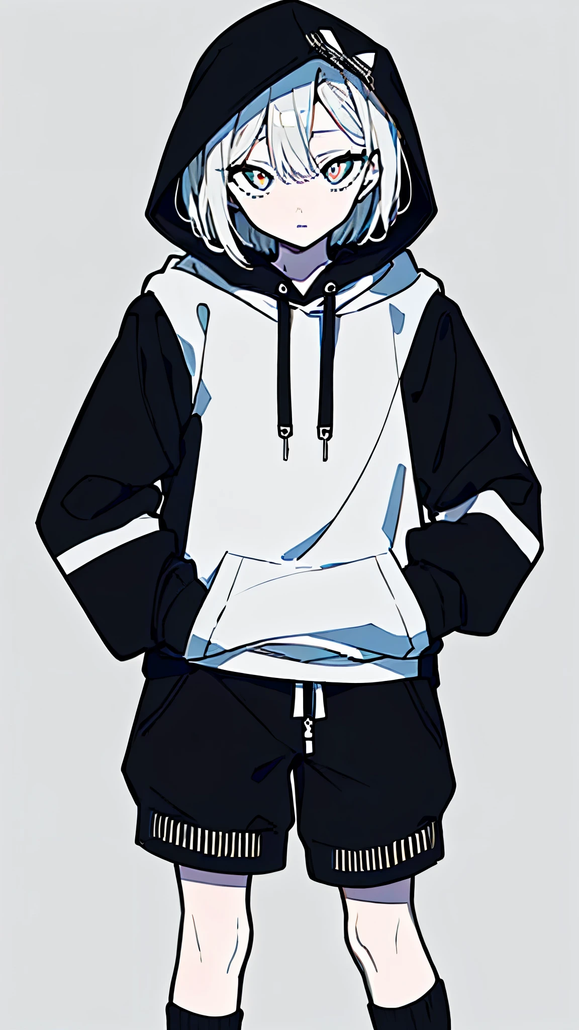 (masterpiece, highest quality:1.6), alone, thick outline, (simple background, light black background, monochrome, light black theme:1.2), official art, Key Visual, 8K, disorganized, whole body, (unique hair, oversized hoodie, hot pants, wearing a hood, arch back, short torso:1.2), belly button, thighs, cowboy shot, HDR, sharp focus, High resolution, most detailed, very detailed, Super detailed, finely, detailed eyes and face, sharp pupils, realistic student, solo, black and white contrast, solo, hands in pockets