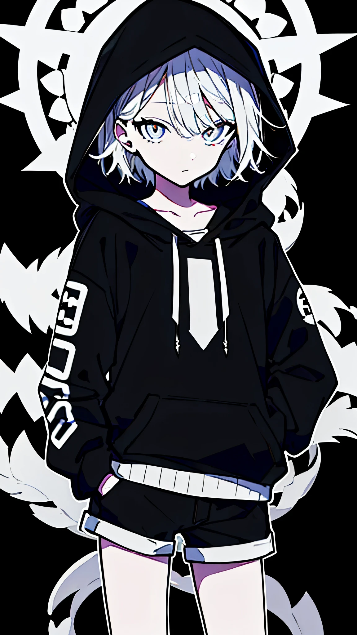(masterpiece, highest quality:1.6), alone, thick outline, (simple background, light black background, monochrome, light black theme:1.2), official art, Key Visual, 8K, disorganized, whole body, (unique hair, oversized hoodie, hot pants, wearing a hood, arch back, short torso:1.2), belly button, thighs, cowboy shot, HDR, sharp focus, High resolution, most detailed, very detailed, Super detailed, finely, detailed eyes and face, sharp pupils, realistic student, solo, black and white contrast, solo, hands in pockets