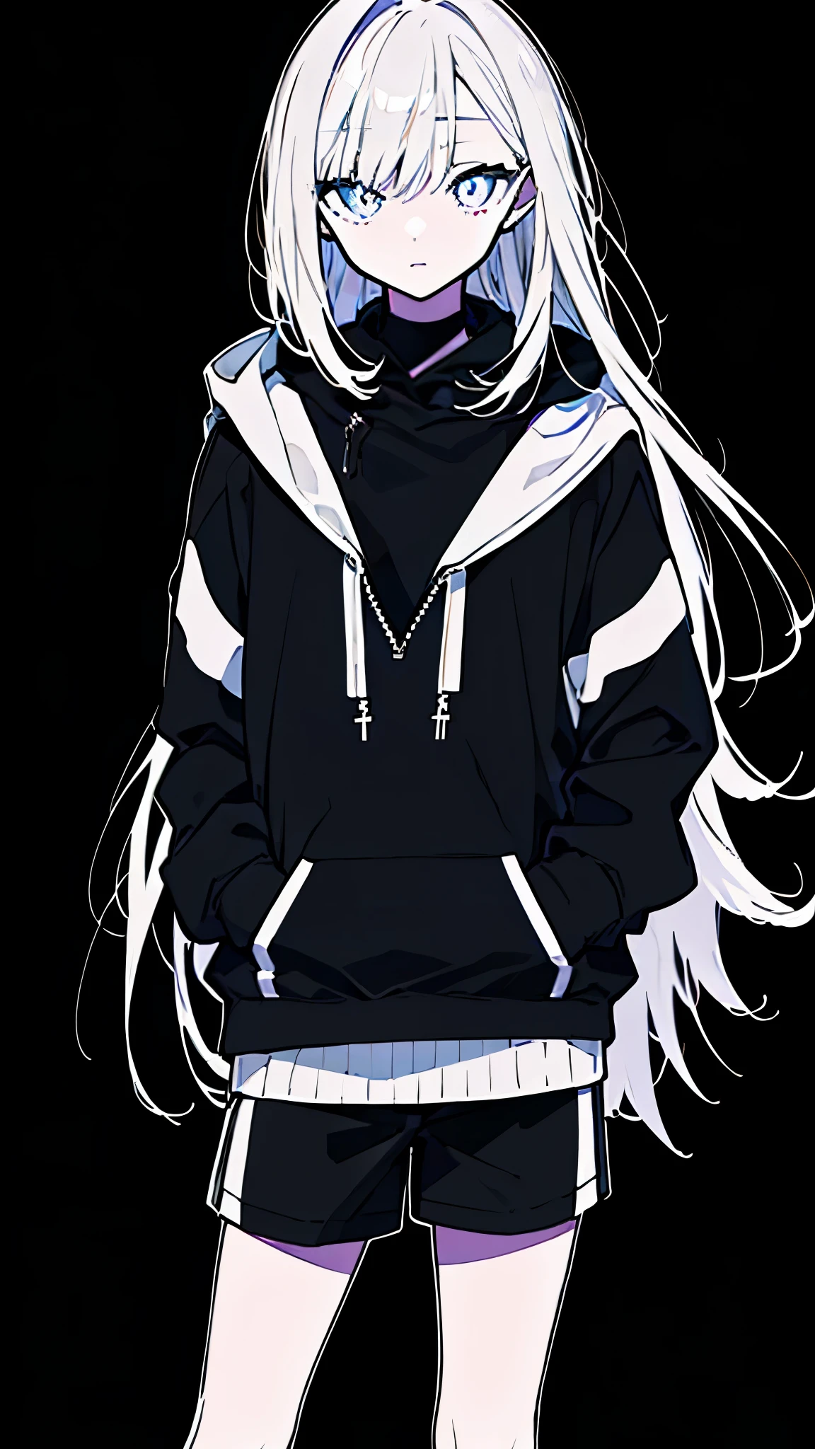 (masterpiece, highest quality:1.6), alone, thick outline, (simple background, light black background, monochrome, light black theme:1.2), official art, Key Visual, 8K, disorganized, whole body, (unique hair, oversized hoodie, hot pants, wearing a hood, arch back, short torso:1.2), belly button, thighs, cowboy shot, HDR, sharp focus, High resolution, most detailed, very detailed, Super detailed, finely, detailed eyes and face, sharp pupils, realistic student, solo, black and white contrast, solo, hands in pockets