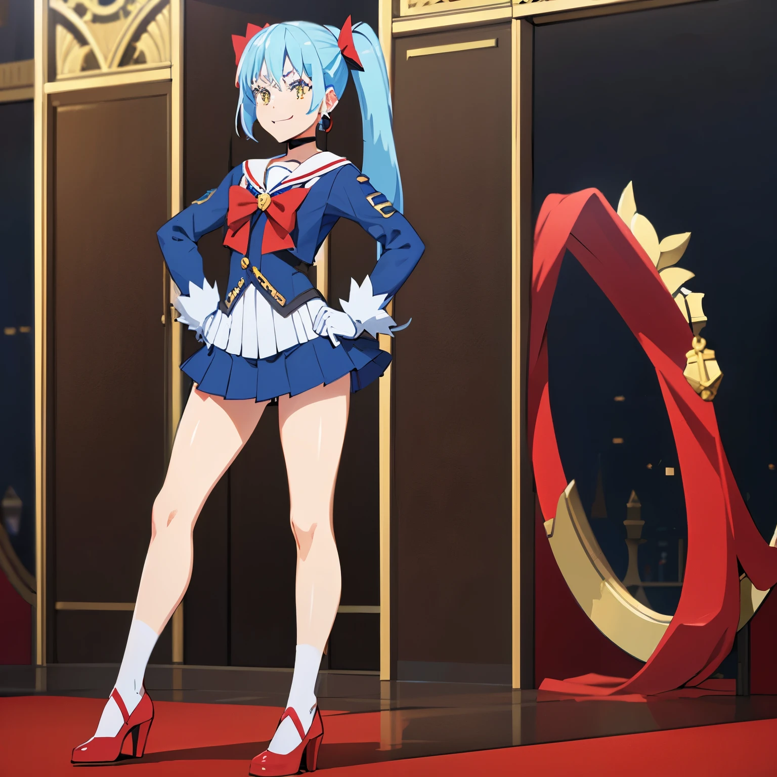 a woman in a sailor suit and shoes, long hair, smile, skirt, blue hair, gloves, bow, very long hair, closed mouth, standing, full body, pleated skirt, earrings, choker, elbow gloves, white gloves, miniskirt, sailor collar, star (symbol), golden eyes, leotard, bare legs, red skirt, magical girl, tiara, black background, red footwear, purple bow, red choker, star earrings, sailor senshi uniform, red sailor collar, Rimuru Tempest