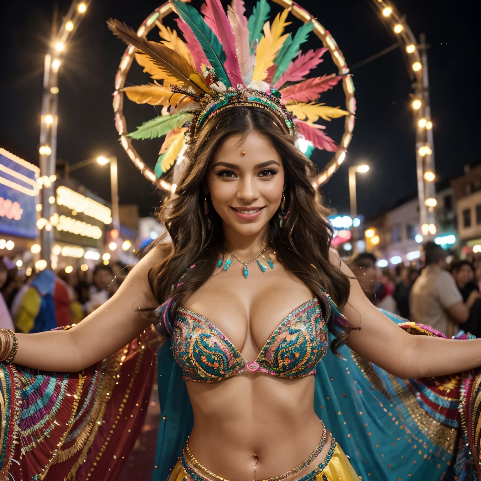 (best quality,4k,8k,highres,masterpiece:1.2),ultra-detailed,(realistic,photorealistic,photo-realistic:1.37),HDR,UHD,u Latina woman,30 years old,long blonde hair,honey-colored eyes,beautiful smile,gently smiling,happy expression,garota costume,colorful and sparkling costume,feathers and sequins embellishments,elaborate headpiece with feathers and gems,elaborate makeup with vibrant colors and glitter,confetti falling around her,energetic dancing and twirling,swirling colorful ribbons in her hands,cheering crowd in the background,enjoying the vibrant atmosphere of the Carnival parade,vivid colors,pulsating music,happy and festive atmosphere,nighttime setting with colorful lights illuminating the scene,bokeh lights creating a dreamy ambiance.