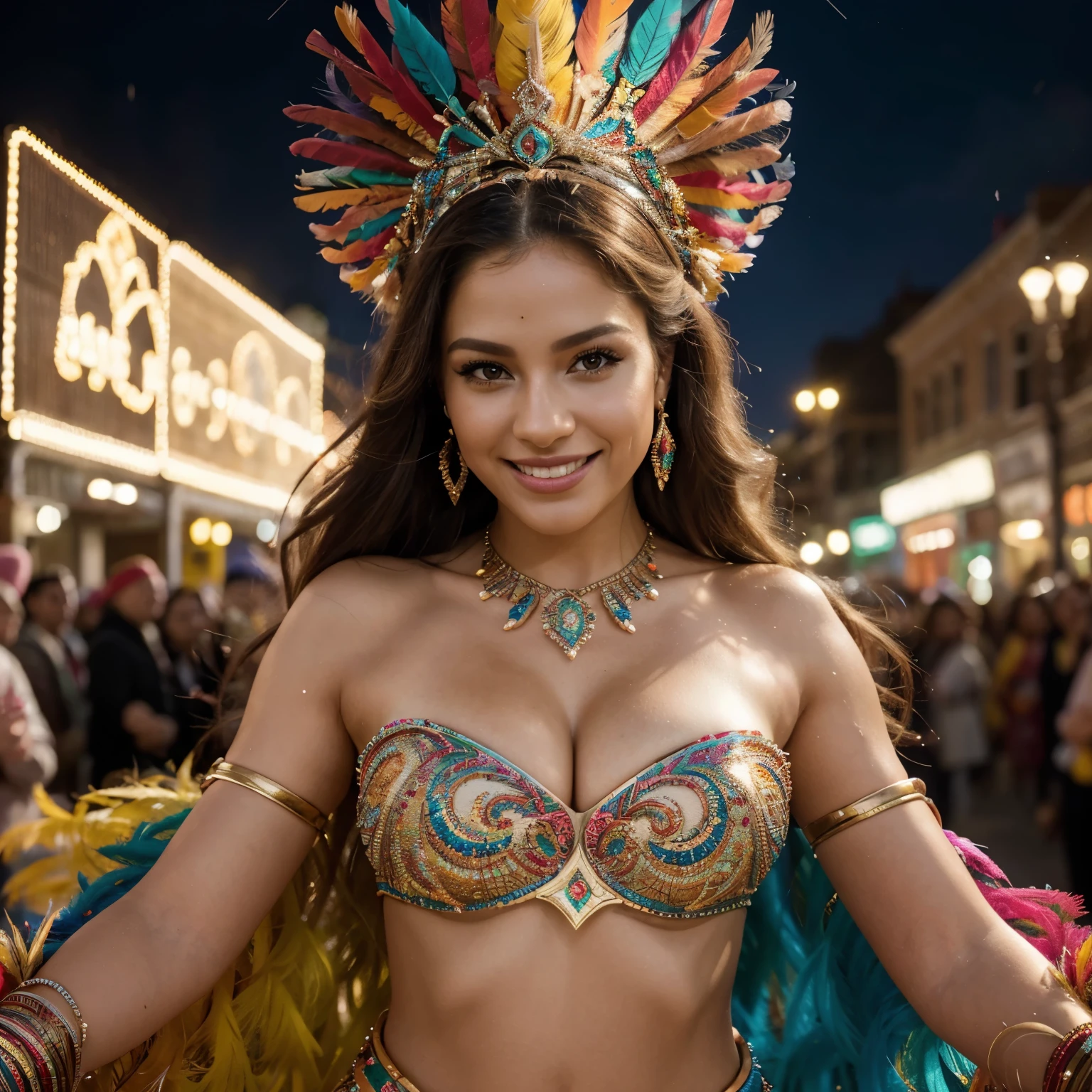 (best quality,4k,8k,highres,masterpiece:1.2),ultra-detailed,(realistic,photorealistic,photo-realistic:1.37),HDR,UHD,u Latina woman,30 years old,long blonde hair,honey-colored eyes,beautiful smile,gently smiling,happy expression,garota costume,colorful and sparkling costume,feathers and sequins embellishments,elaborate headpiece with feathers and gems,elaborate makeup with vibrant colors and glitter,confetti falling around her,energetic dancing and twirling,swirling colorful ribbons in her hands,cheering crowd in the background,enjoying the vibrant atmosphere of the Carnival parade,vivid colors,pulsating music,happy and festive atmosphere,nighttime setting with colorful lights illuminating the scene,bokeh lights creating a dreamy ambiance.