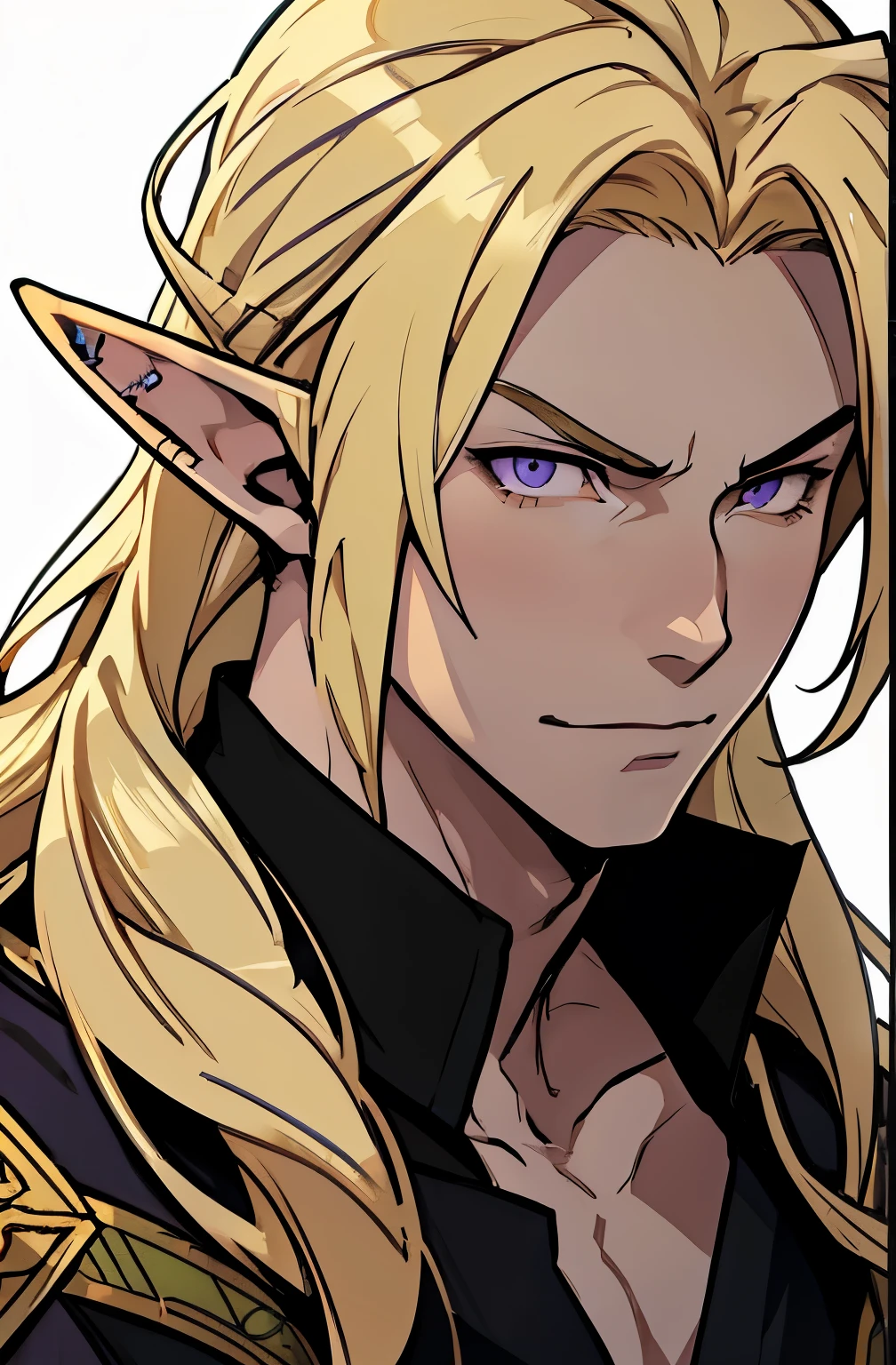 anime - style image of a young elf with purple eyes and blonde hair, blonde hair, blonde hair, a portrait of a male elf, beautiful male elf, a male elf, portrait of a young elf wizard, handsome guy in demon slayer art, elven male, young half elf wizard, beautiful androgynous prince, elven character with smirk, artwork in the style of guweiz, serious face, open chest shirt, 