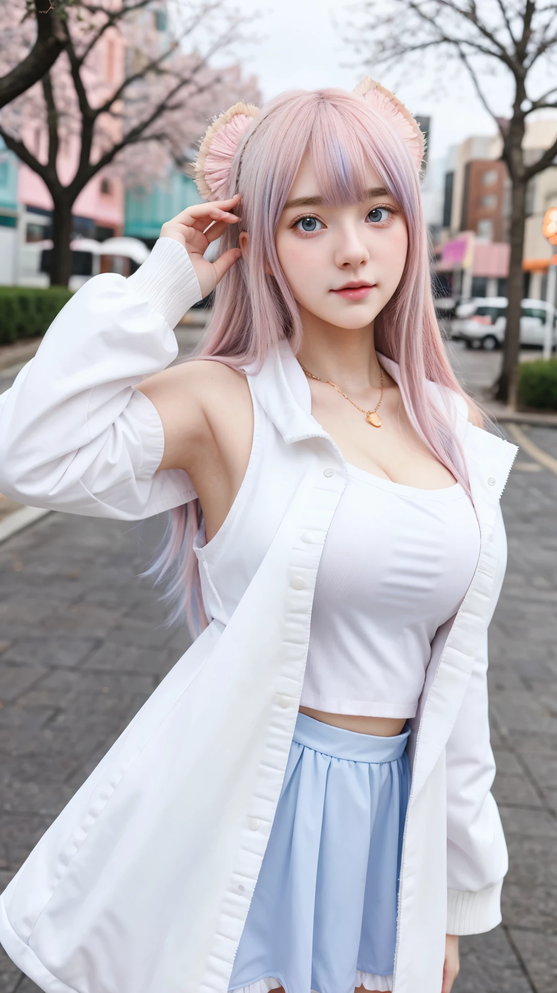 Gorgeus Girl, Beautiful, Baby Face, 20 Years Old, White Skin, Colossal Breasts, Side Pose, ((Anime Cosplay Coatumes)), Pastel Colour, Blue Eye, Halloween Background, Masterpiece, Pink Hair, Sleeveless