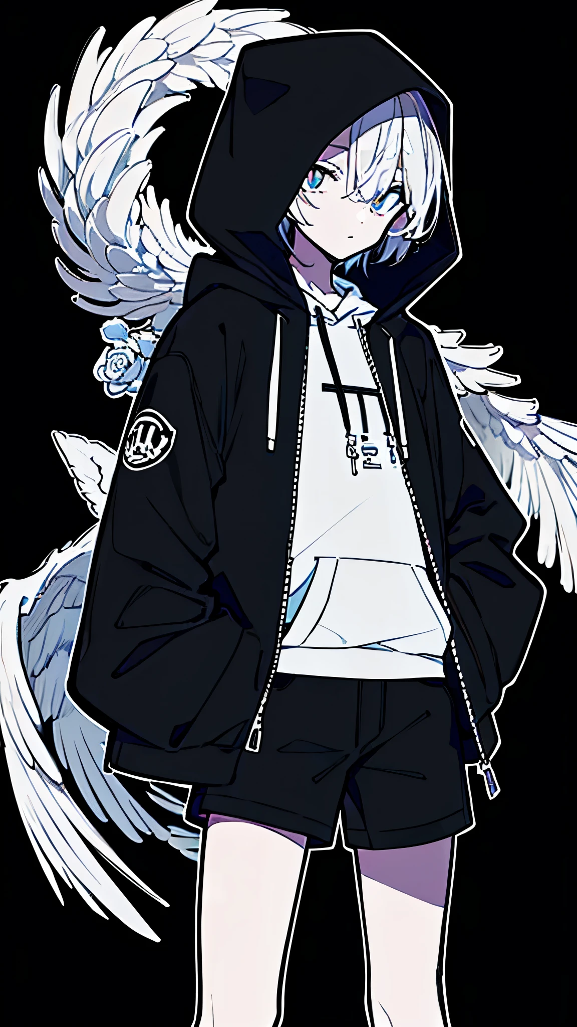 (masterpiece, highest quality:1.6), alone, thick outline, (simple background, light black background, monochrome, light black theme:1.2), official art, Key Visual, 8K, disorganized, whole body, (unique hair, oversized hoodie, hot pants, wearing a hood, arch back, short torso:1.2), belly button, thighs, cowboy shot, HDR, sharp focus, High resolution, most detailed, very detailed, Super detailed, finely, detailed eyes and face, sharp pupils, realistic student, solo, black and white contrast, solo, hands in pockets