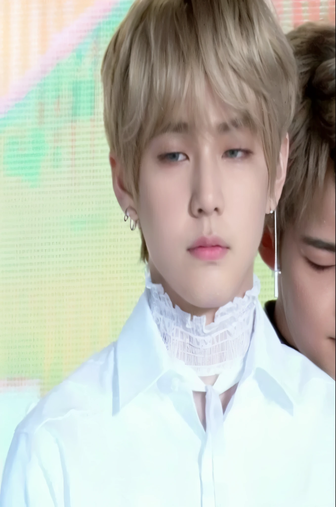 un primer plano de una persona con una camisa blanca y una persona con una camisa blanca, taehyung\ cabello naranja ondulado, taehyung\los labios carnosos, accurate taehyung face, sus ojos parecen sabios, taehyung\la nariz griega, park taehyung, ironic smile, taehyung, pale korean adorable face, cai xukun