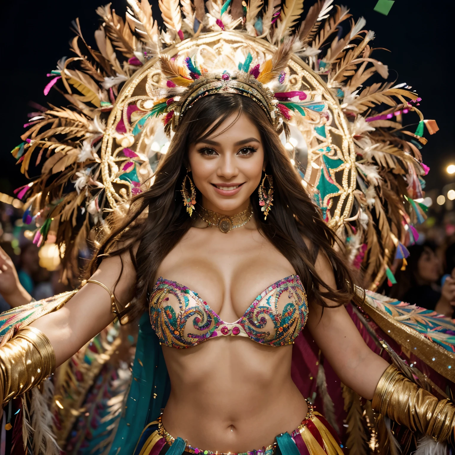 (best quality,4k,8k,highres,masterpiece:1.2),ultra-detailed,(realistic,photorealistic,photo-realistic:1.37),HDR,UHD,u Latina woman,30 years old,long blonde hair,honey-colored eyes,beautiful smile,gently smiling,happy expression,garota costume,colorful and sparkling costume,feathers and sequins embellishments,elaborate headpiece with feathers and gems,elaborate makeup with vibrant colors and glitter,confetti falling around her,energetic dancing and twirling,swirling colorful ribbons in her hands,cheering crowd in the background,enjoying the vibrant atmosphere of the Carnival parade,vivid colors,pulsating music,happy and festive atmosphere,nighttime setting with colorful lights illuminating the scene,bokeh lights creating a dreamy ambiance.