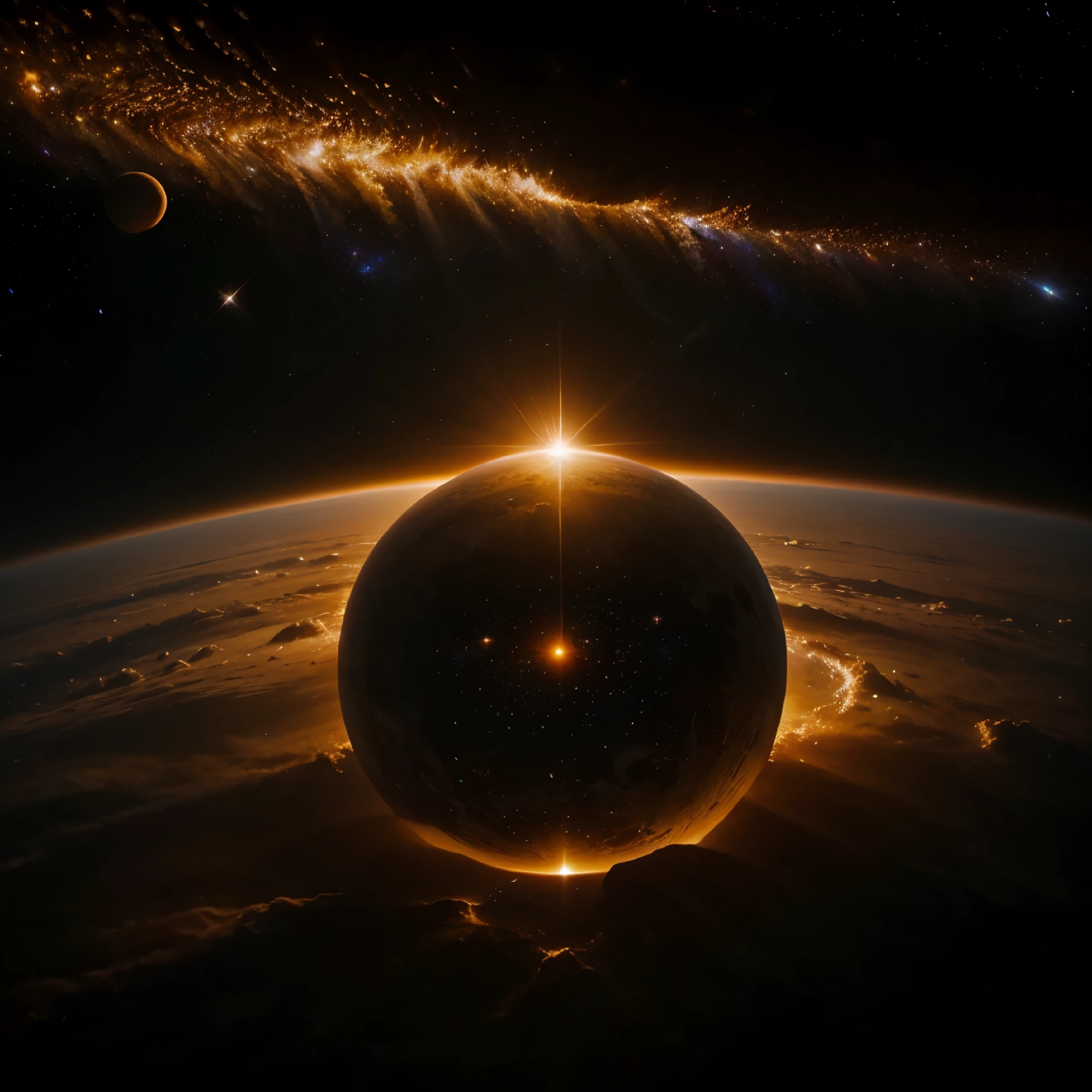 This is a breathtaking image of the sun rising over the earth, captured from a perspective that only the cosmos can offer. The space around is painted in a deep, infinite black, providing a stark contrast to the vibrant hues of the sun's glow and the earth. The earth appears as a majestic celestial body, partially illuminated by the sun's warm light. The rising sun adds a touch of brown to the scene, reminiscent of the break of dawn as perceived from the earth. The image encapsulates the grandeur of the universe, with the glowing sun serving as an astronomical object of immense beauty and power. Stars are subtly scattered across the backdrop, adding depth and a sense of vastness to the image. The celestial event of the sun rising over the earth is an awe-inspiring scene, creating an atmospheric blend of astronomy and natural beauty. The sphere of the earth and the glistening stars hint at the constellations that span the universe, revealing the galaxy's intricate design. This image truly captures the marvel of our existence within the expansive canvas of outer space.