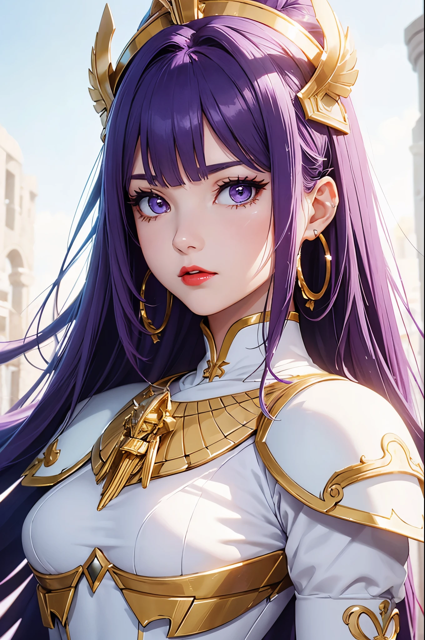 a close up of a woman in a white dress with purple hair , stylized anime, egyptian princess, anime styled, detailed white armor, heavy white and golden armor, armor girl, pretty female cleric,beautiful,small breast, grace, Super fine detail,work,Authentic texture,Realistic movie lighting, 8k,HD,Exquisite facial features slim figure,big bright eyes,masterpiece,Light makeup, red lips, small breast,