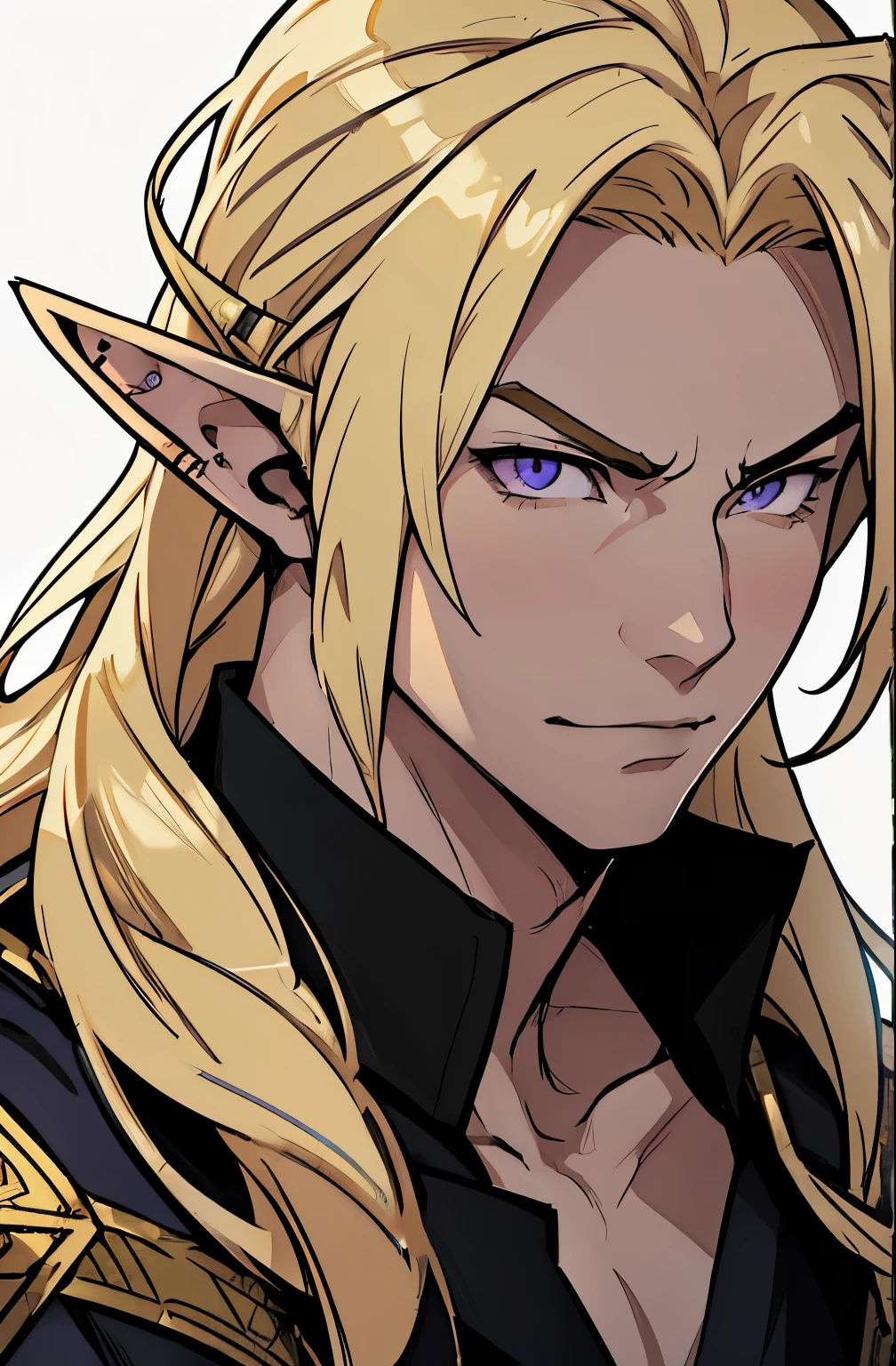 anime - style image of a young elf with purple eyes and blonde hair, blonde hair, blonde hair, a portrait of a male elf, beautiful male elf, a male elf, portrait of a young elf wizard, handsome guy in demon slayer art, elven male, young half elf wizard, beautiful androgynous prince, elven character with smirk, artwork in the style of guweiz, serious face, open chest shirt, serious