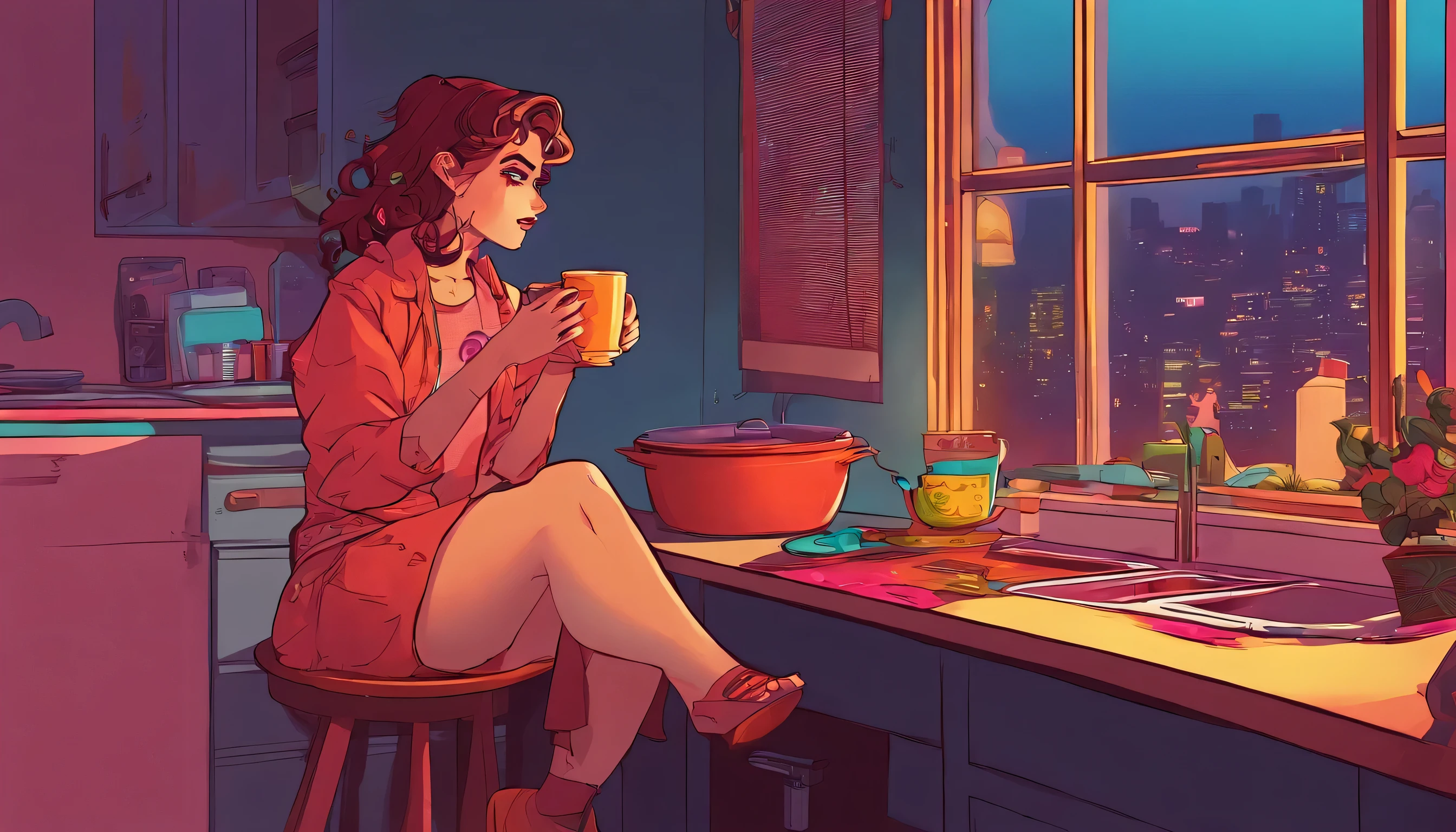 Lofi girl sitting on a table, looking out of window near sink, steaming cup of tea in hand, night view