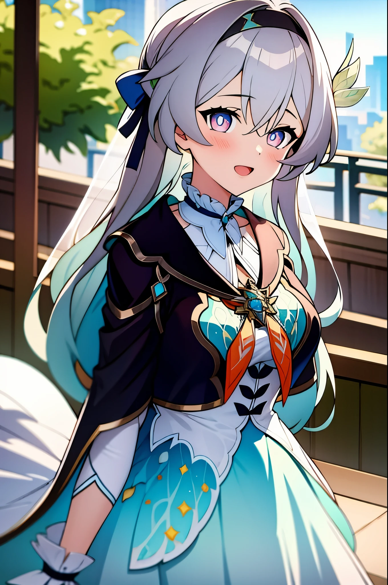 (masterpiece, best quality:1.2), 1 girl,Blue-pink gradient pupils,Brown and light teal,silver long hair,White·,sit,looki at viewer,(((Wedding dress)))(((Wedding dress头巾)))(((bunch of flowers)))sea,excited,open mouth,