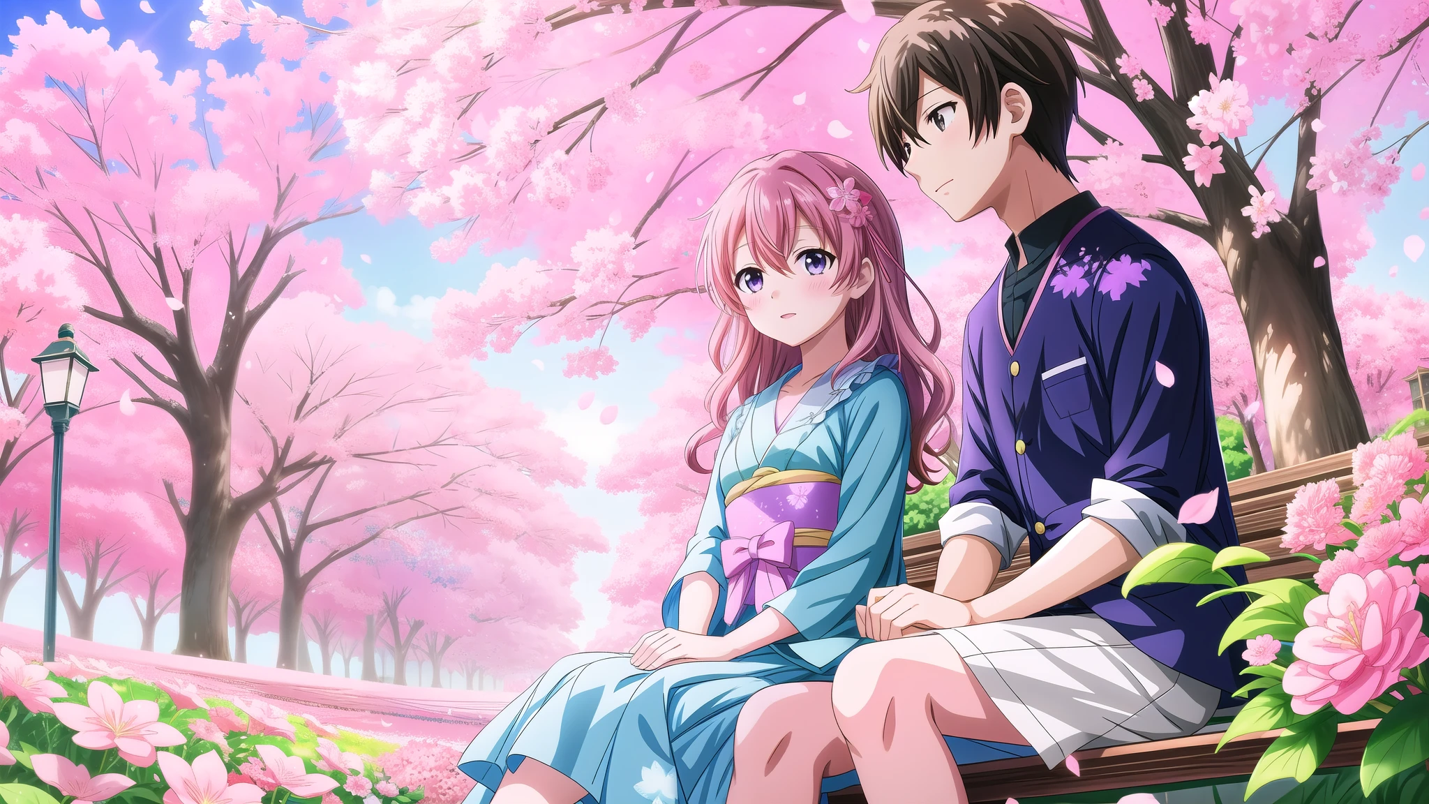 anime couple sitting under a tree with pink flowers in the background, kyoto animation key visual, in style of kyoto animation, kyoto animation still, kyoto animation anime key visual, high quality anime movie still, sakimichan and makoto shinkai, anime still film anime shikishi, fiona staples and makoto shinkai, kyoto animation, daytime ethereal anime