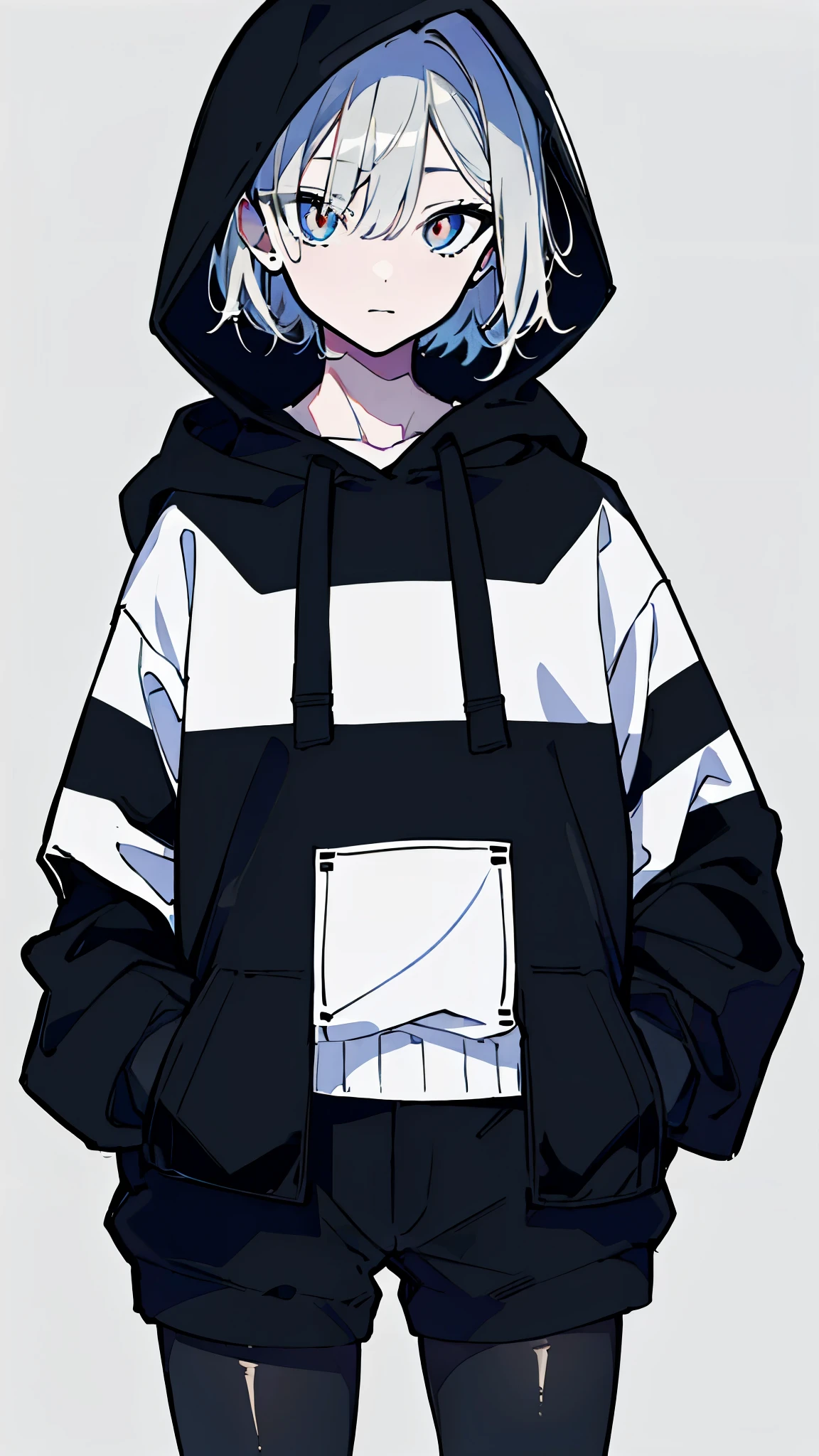 (masterpiece, highest quality:1.6), alone, thick outline, (simple background, light black background, monochrome, light black theme:1.2), official art, Key Visual, 8K, disorganized, whole body, (unique hair, oversized hoodie, hot pants, wearing a hood, arch back, short torso:1.2), belly button, thighs, cowboy shot, HDR, sharp focus, High resolution, most detailed, very detailed, Super detailed, finely, detailed eyes and face, sharp pupils, realistic student, solo, black and white contrast, solo, hands in pockets
