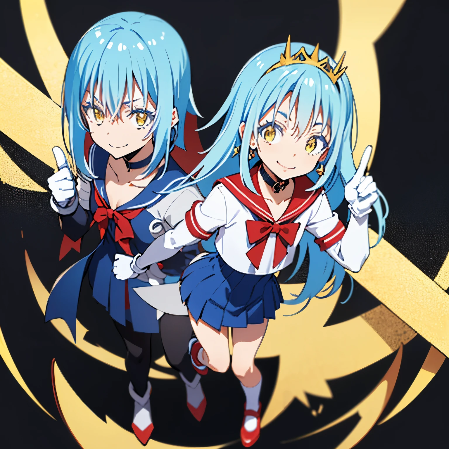 a woman in a sailor suit and shoes, long hair, smile, skirt, blue hair, gloves, bow, very long hair, closed mouth, standing, full body, pleated skirt, earrings, choker, elbow gloves, white gloves, miniskirt, sailor collar, star (symbol), golden eyes, leotard, bare legs, red skirt, magical girl, tiara, black background, red footwear, purple bow, red choker, star earrings, sailor senshi uniform, red sailor collar, Rimuru Tempest