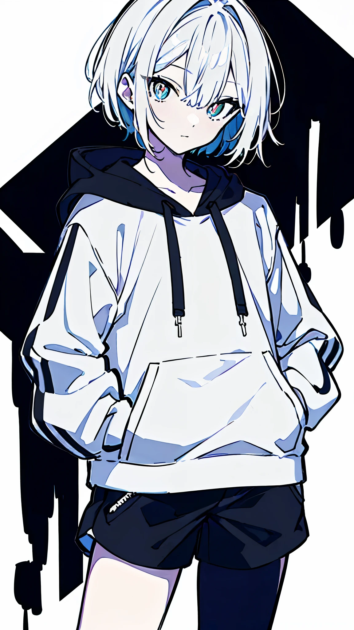 (masterpiece, highest quality:1.6), alone, thick outline, (simple background, bright white background, monochrome, bright white theme:1.2), official art, Key Visual, 8K, disorganized, whole body, (unique hair, oversized hoodie, hot pants, wearing a hood, arch back, short torso:1.2), belly button, thighs, cowboy shot, HDR, sharp focus, High resolution, most detailed, very detailed, Super detailed, finely, detailed eyes and face, sharp pupils, realistic student, solo, White contrast, solo, hands in pockets