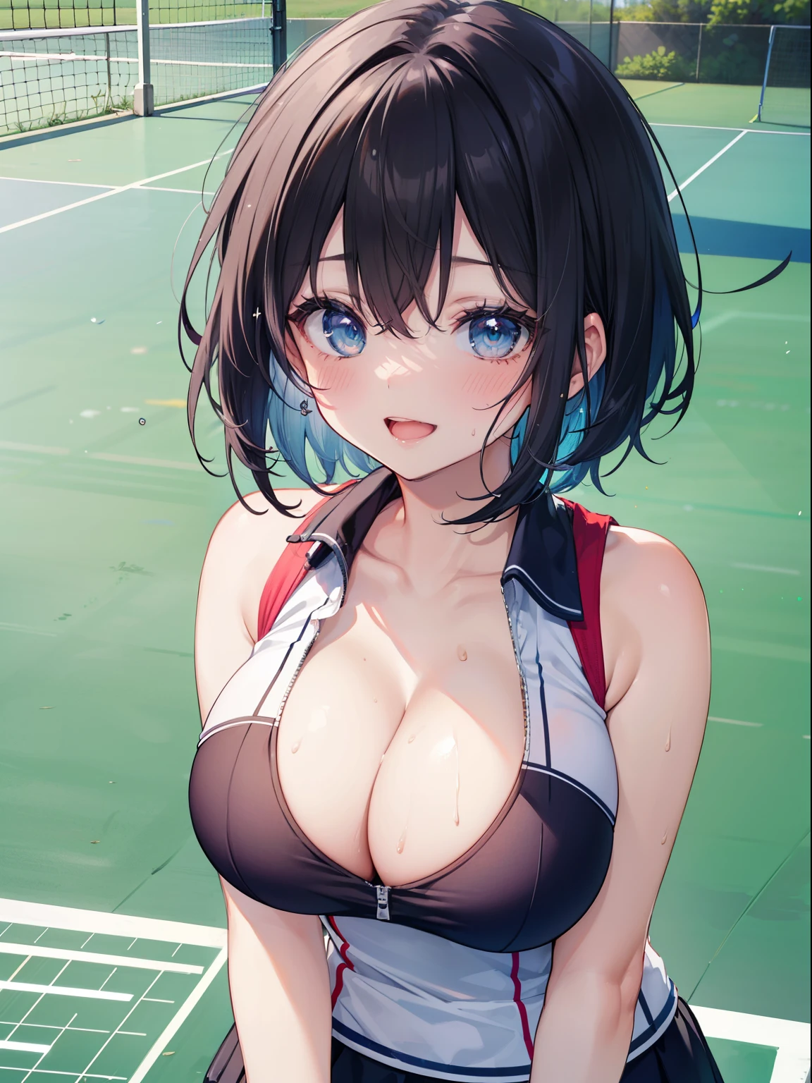 (highest quality, High resolution, perfect pixel, Depth of bounds written, 4K), 
beautiful anime girl, 
looking at the viewer, 
perfect body,  

(blush all over the face:1.2), smile, open mouth,

short hair, black hair, blue eyes, huge breasts, cleavage, sweat, 

tennis wear, Tennis court, 
focus breasts, 