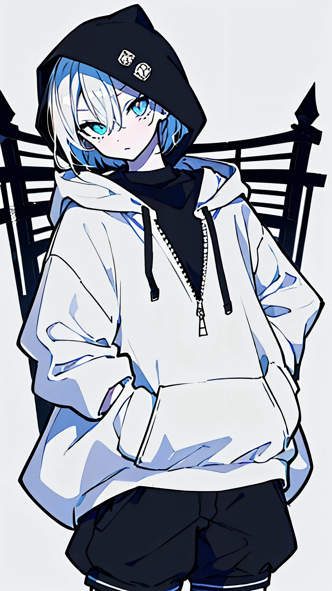 (masterpiece, highest quality:1.6), alone, thick outline, (simple background, bright white background, monochrome, bright white theme:1.2), official art, Key Visual, 8K, disorganized, whole body, (unique hair, oversized hoodie, hot pants, wearing a hood, arch back, short torso:1.2), belly button, thighs, cowboy shot, HDR, sharp focus, High resolution, most detailed, very detailed, Super detailed, finely, detailed eyes and face, sharp pupils, realistic student, solo, White contrast, solo, hands in pockets