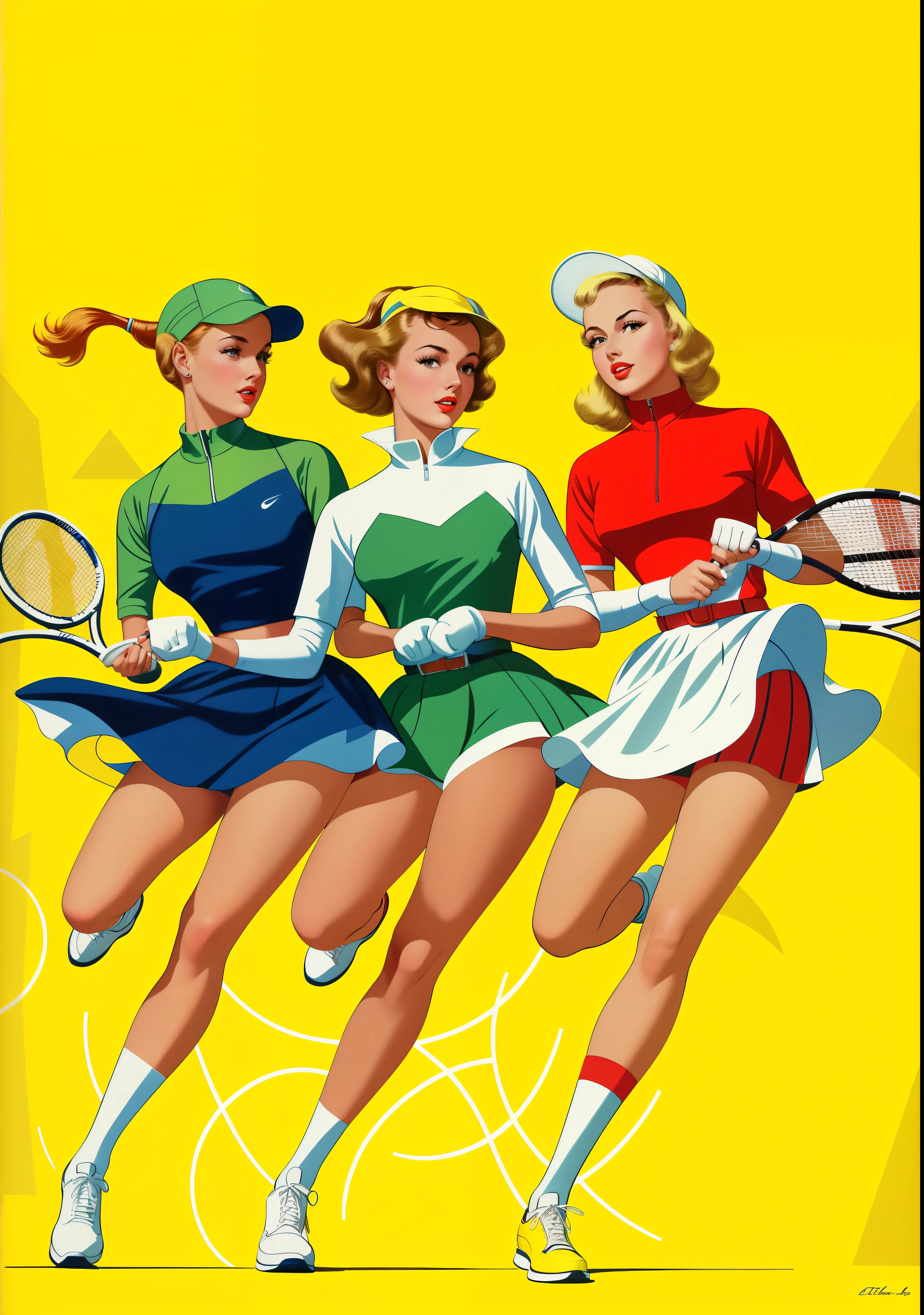 three women in tennis uniforms are playing tennis on a yellow background, ( Arte Fitzpatrick ), illustration!, 1950s illustration style, vintage magazine illustration, retro illustration, vintage illustration, por Art Fitzpatrick, Direction: Maurice Braun, 1 9 5 0 s arte conceitual ) ) ), 1960s illustration, 1 9 5 0 s arte conceitual, Gill Elvgren, boca perfeita, mouth without deformations, olhos perfeitos