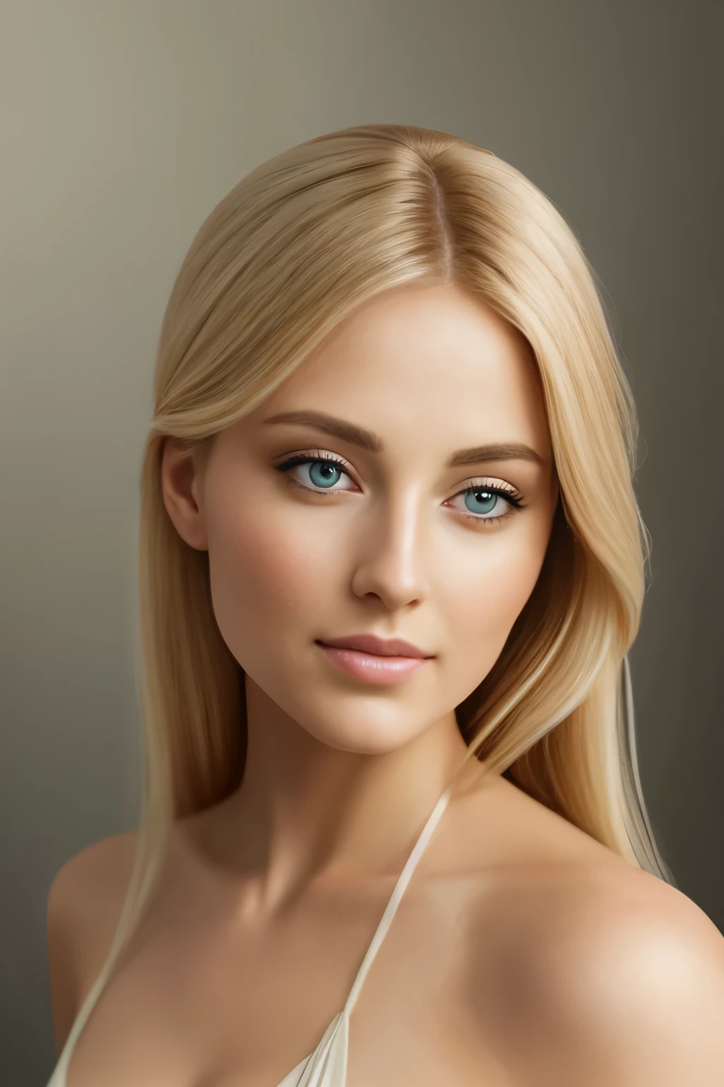 Painting of a woman from the front, with golden blonde hair cascading down her shoulders and captivating green eyes, depicted in the intricate Bowater art style. This beautiful digital painting shines with an exquisite level of detail and realism, showcasing the textures and tones of the woman's features in the digital illustration. Her skin is rendered with a lifelike quality, displaying every pore and fine line, while the shine of her hair captures the light in impressive ways. The impressive painting digital is a stunning example of the digital painting technique, demonstrating the style's ability to capture every detail and nuance, from the subtle hues of her eyes to the intr