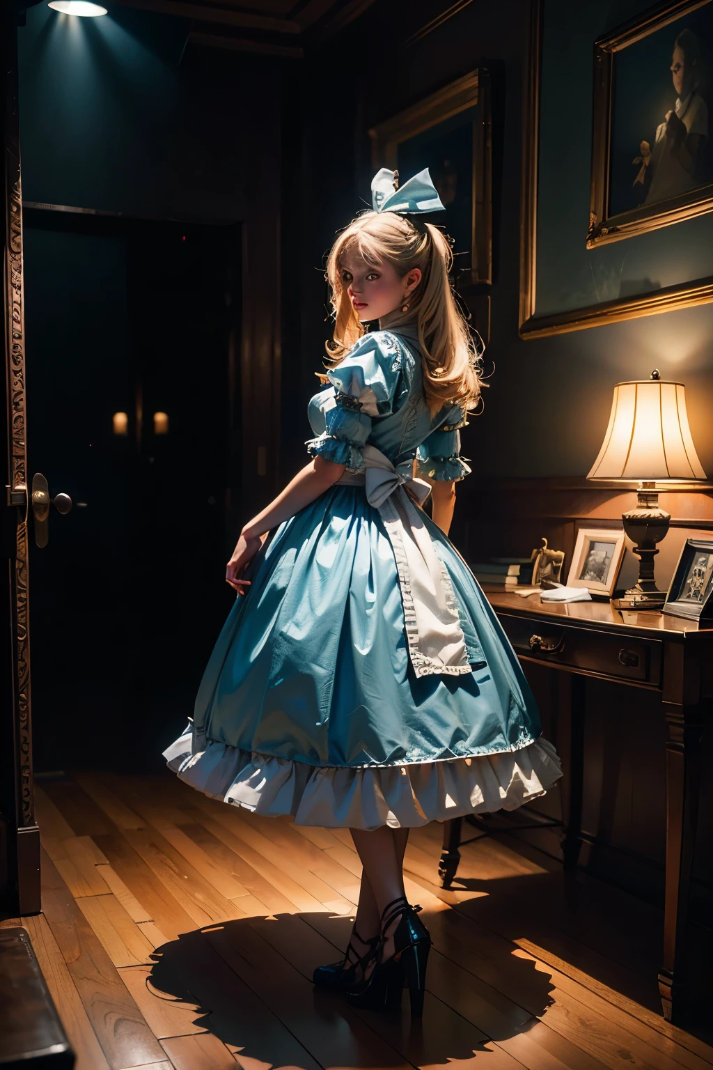 (2474_young woman with Alice in Wonderland costume, full body, hyper realistic, photorealistic, hyper detailed, full color, ultra realistic, highly detailed, insanely detailed, intricately detailed, beautifully color graded, Cinematic, Color Grading, Editorial Photography, Photography, Photoshoot, Shot on 70mm lens, Depth of Field, DOF, Tilt Blur, Shutter Speed, White Balance, 32k, Super Resolution, Megapixel, ProPhoto RGB, Half-rear Lighting, Backlight, Natural Lighting, Optical Fiber, Moody Lighting, Cinematic