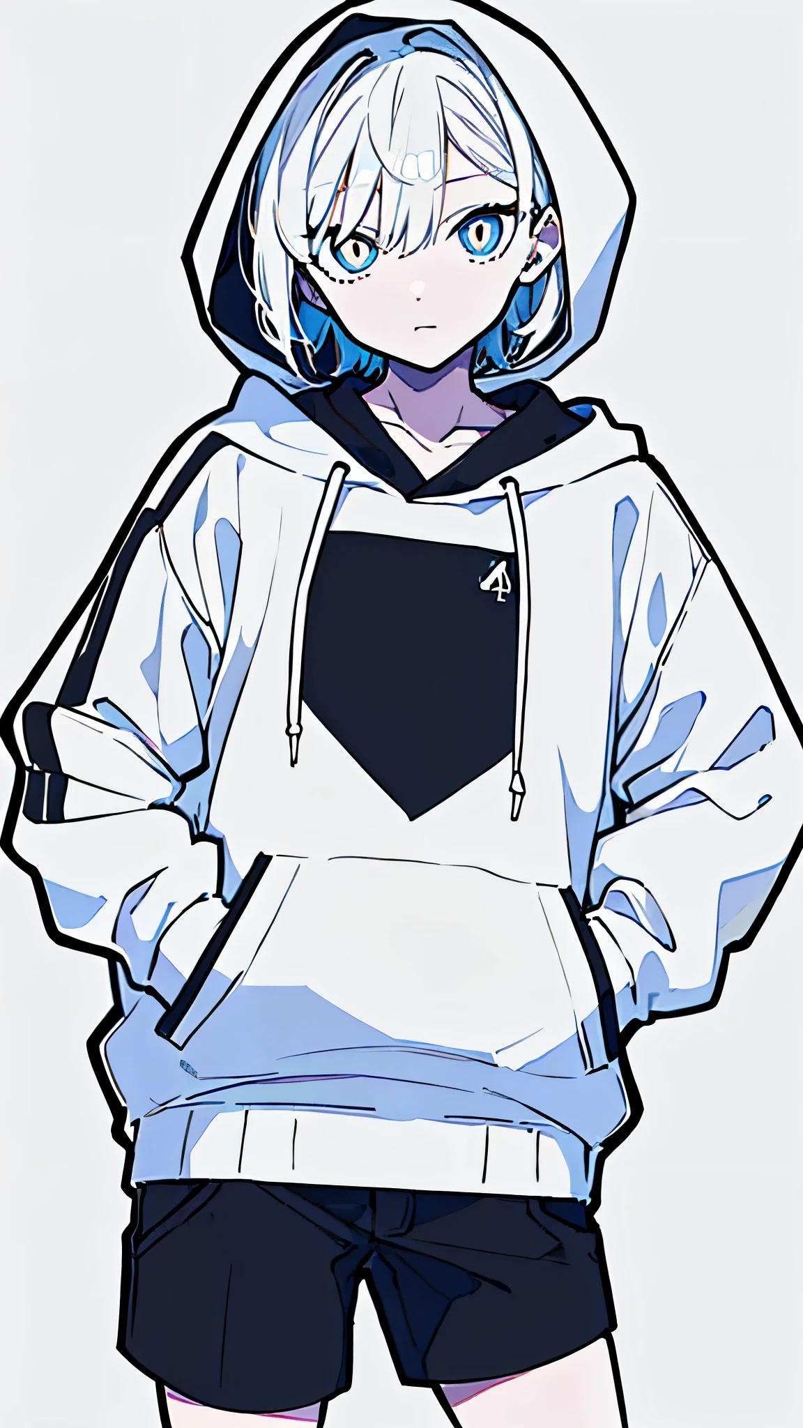 (masterpiece, highest quality:1.6), alone, thick outline, (simple background, bright white background, monochrome, bright white theme:1.2), official art, Key Visual, 8K, disorganized, whole body, (unique hair, oversized hoodie, hot pants, wearing a hood, arch back, short torso:1.2), belly button, thighs, cowboy shot, HDR, sharp focus, High resolution, most detailed, very detailed, Super detailed, finely, detailed eyes and face, sharp pupils, realistic student, solo, White contrast, solo, hands in pockets