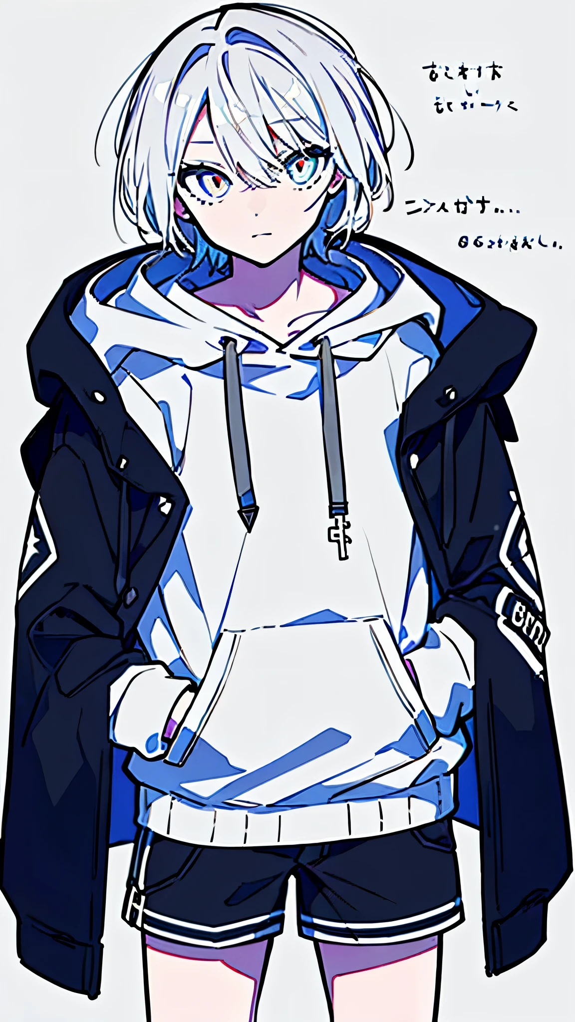 (masterpiece, highest quality:1.6), alone, thick outline, (simple background, bright white background, monochrome, bright white theme:1.2), official art, Key Visual, 8K, disorganized, whole body, (unique hair, oversized hoodie, hot pants, wearing a hood, arch back, short torso:1.2), belly button, thighs, cowboy shot, HDR, sharp focus, High resolution, most detailed, very detailed, Super detailed, finely, detailed eyes and face, sharp pupils, realistic student, solo, White contrast, solo, hands in pockets