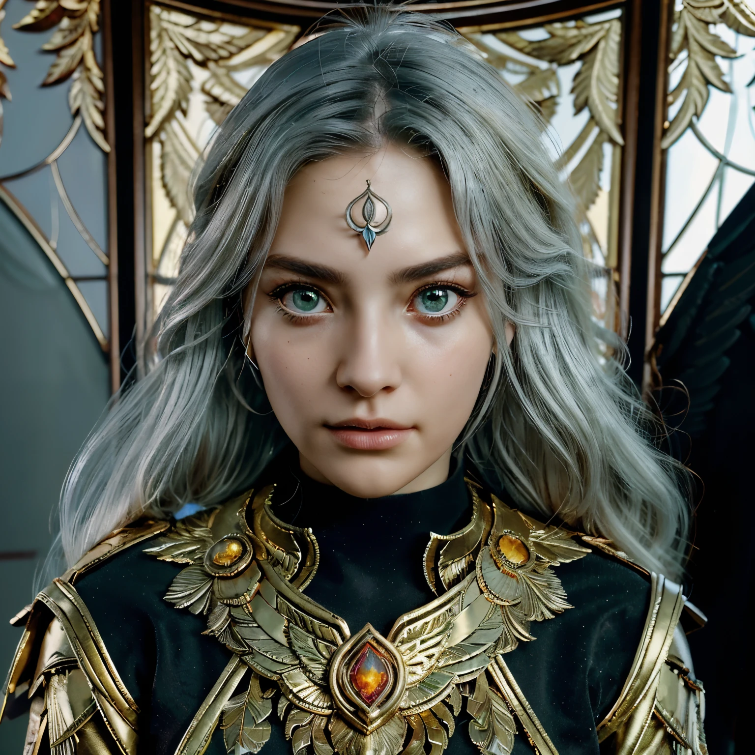 (upper body:1.3), 1girl,hoenix keeper, fireproof suit with a golden phoenix emblem, fire cage with obsidian bars, phoenix nest with shimmering golden feathers, talon gloves for handling the phoenix, fire ruby for feeding the phoenix with elderly empresses a sight to behold with a cascade of white and silver tresses, each strand threaded with time. Her face adorned with delicate wrinkles, a tapestry of experiences etched gracefully upon her visage, oblong symmetrical beautiful face, symmetrical green eyes, aged body, blossoming waist and curves. Wise and elegant, rules well with fairness and compassion, photorealistic scene