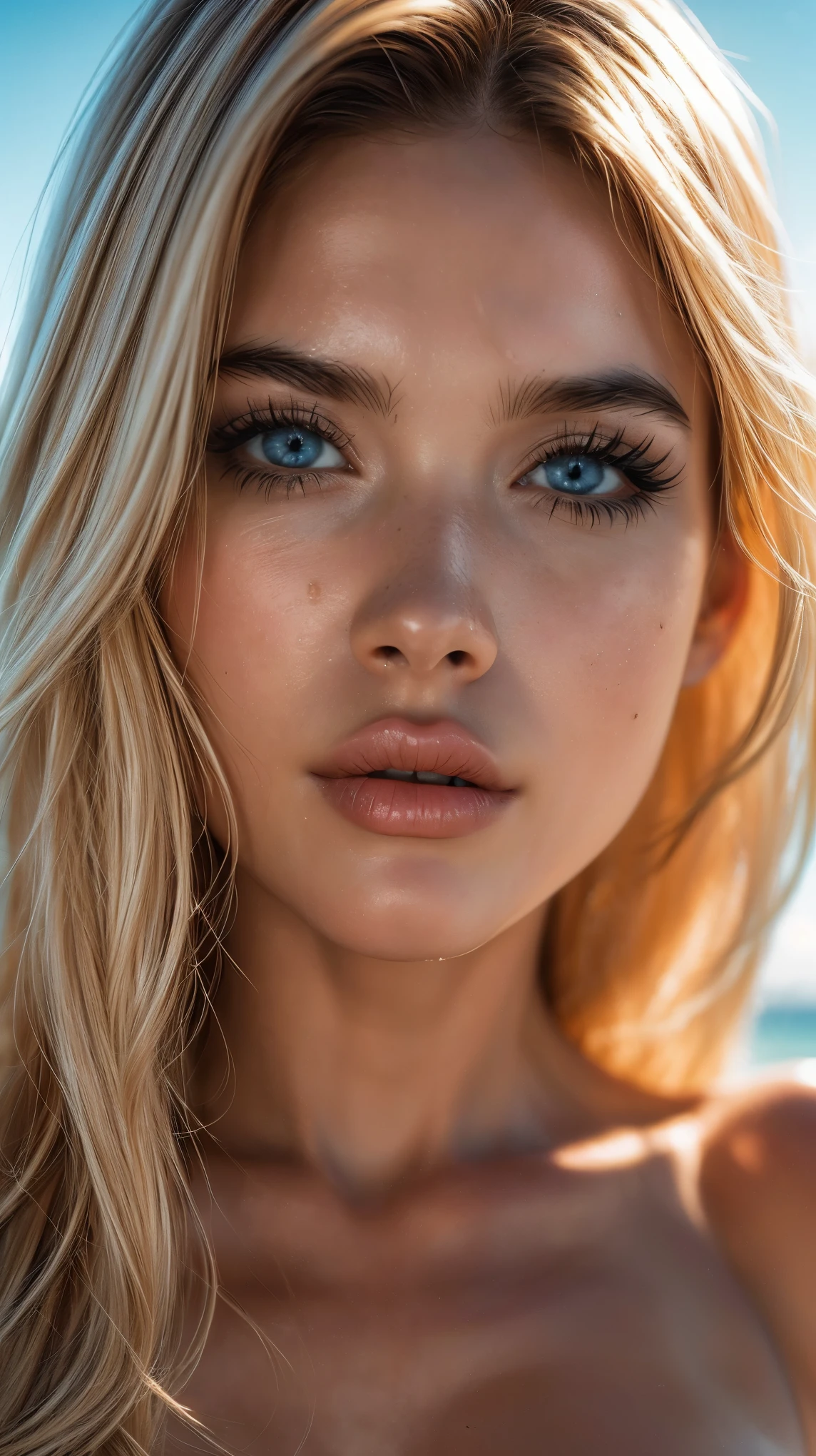 (((Ultra-realistic))), (artistic realization), (ultra-detailed face and eyes: 1.4), 1 girl, (blonde) , ((hair covers face)), detailed dark eyes, (large detailed lips) , makeup, Against the backdrop of the ocean, ((close-up, close to the camera)), pink atmosphere frame, rays, Glare, blurred background, (ultra detailed)