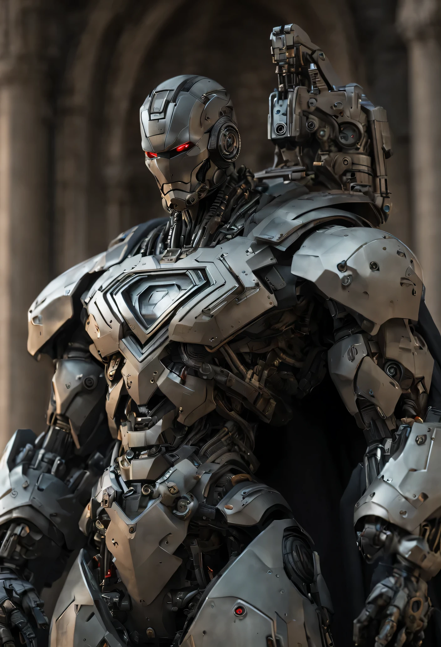 Portrait, Iron Superman from DC, biomechanical, complex robot, full growth, hyper-realistic, insane small details, extremely clean lines, cyberpunk aesthetic, masterpiece presented at Zbrush Central, gothic brutalist cathedral, cyberpunk, award-winning photo, bokeh, neon lights, cybernetic limb