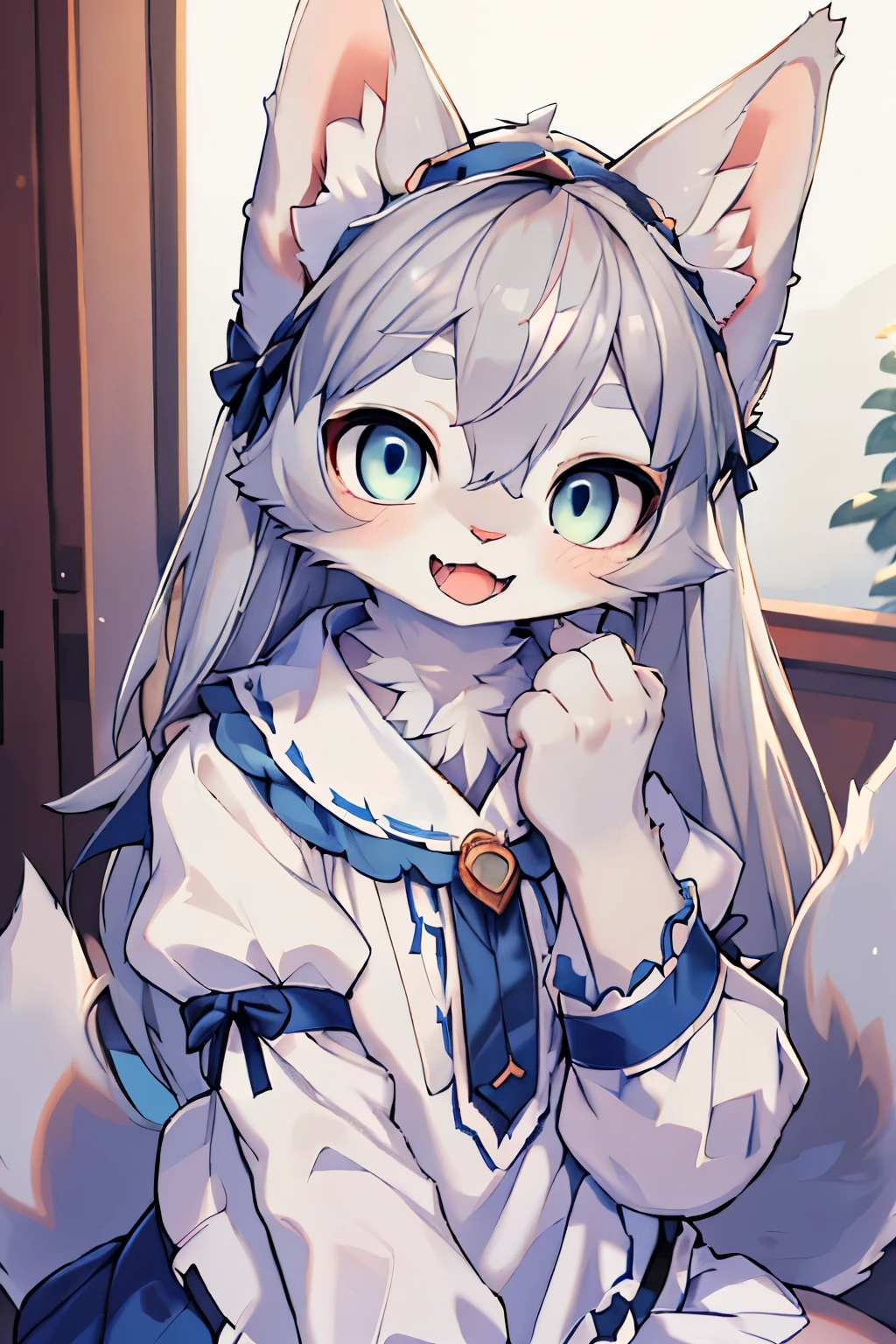 (hi res), ((masterpiece)) , ((best quality)), illustration, furry, 
cat, animal ears, tail, bodyfur, 1girl, POV, upper body, 1girl, solo, long hair, gray hair, *//*, blue eye, *//*, white blouse, looking at viewer, smile,open mouth,tongue