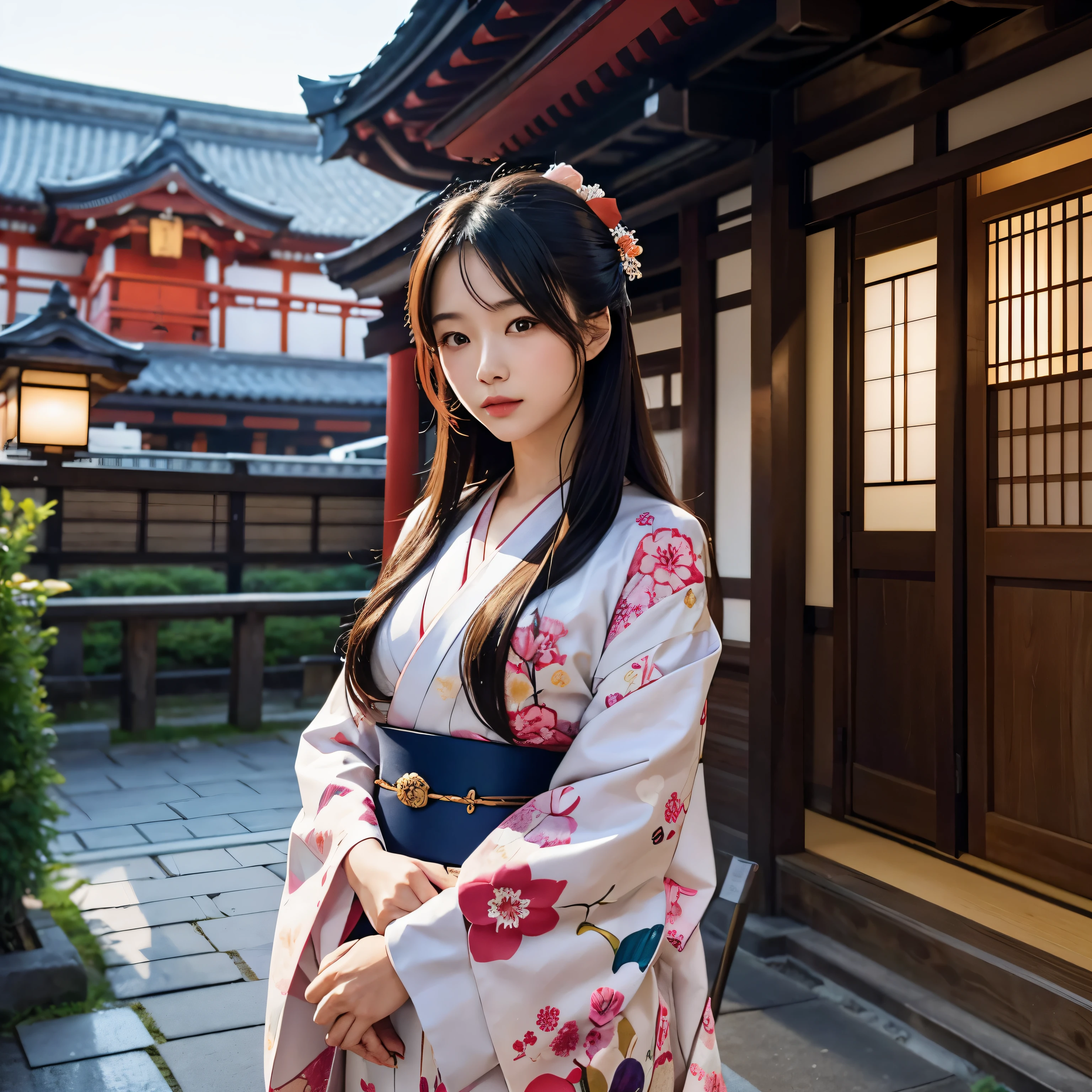 Image of a beautiful woman with long hair wearing a kimono with a shrine in the background