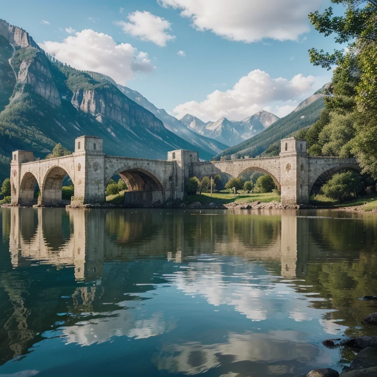 This image offers a serene view of a historic structure mirrored in a body of water, creating an upside-down effect in the reflection. The tranquil water captures the building’s image, enhancing the timeless architecture with three arches on each side. The stillness of the water allows for a clear, reflective surface, mirroring the building and sky, instilling a peaceful ambiance. Surrounding the main piece are mountainous backdrops on each flank, framing the scene with nature’s majesty. The blue sky, dotted with soft clouds, brings a sense of calm to the composition, welcoming viewers into this ethereal and contemplative world.