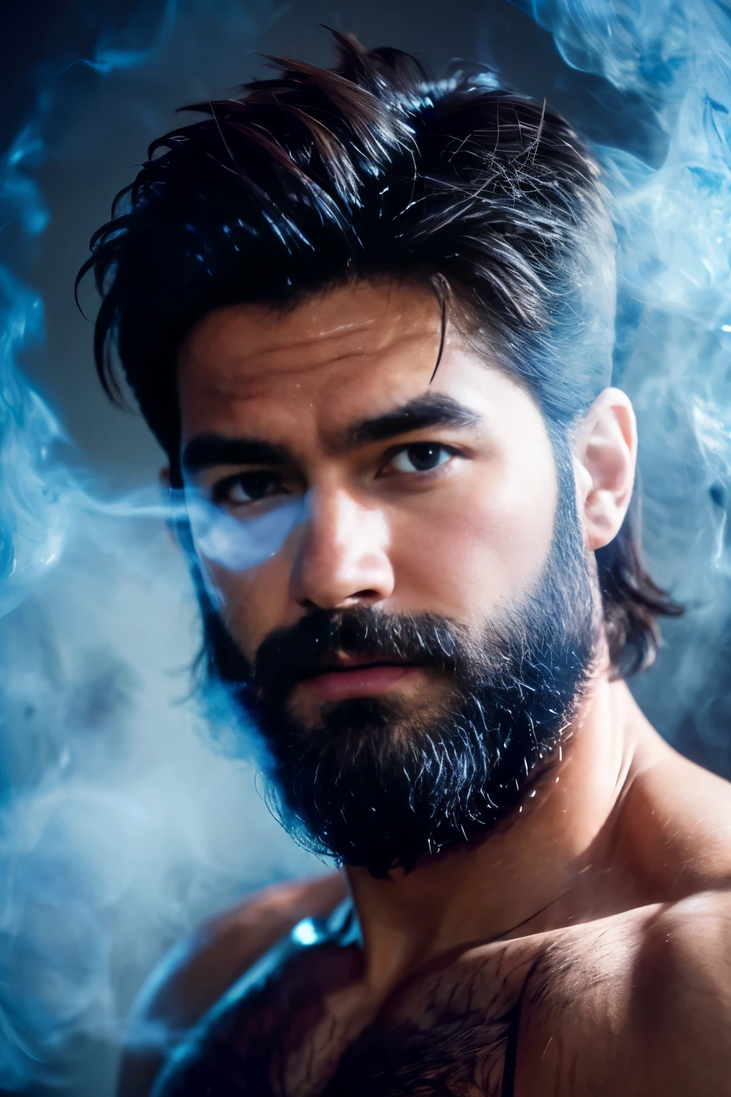 A man with blue mists surrounding his eyes. Hunky, hunk, hairy, very hairy chest. There's a glow in his eyes, short hair and trimmed short beard, seductive, 50 years old