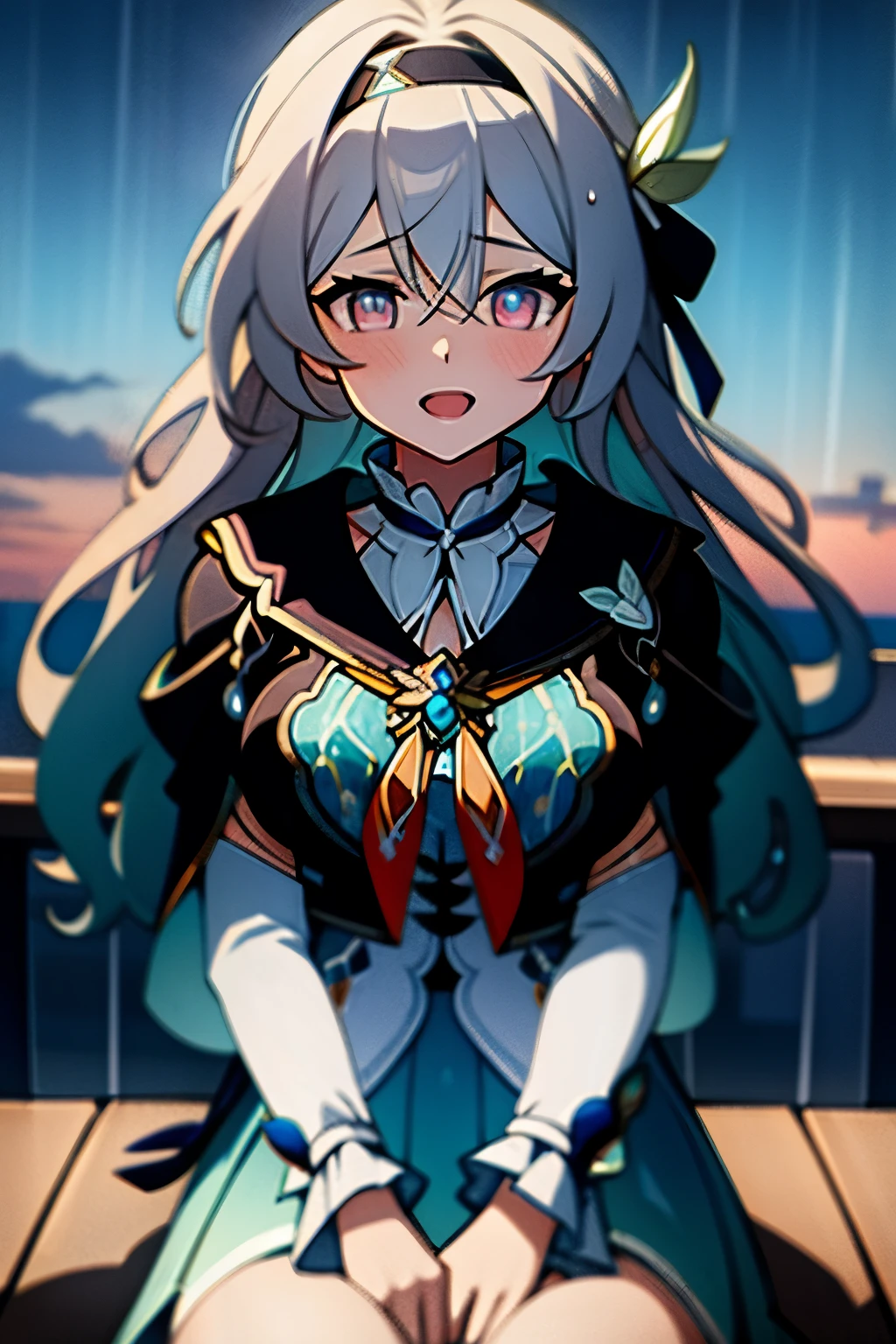(masterpiece, best quality:1.2), 1 girl,Blue-pink gradient pupils,Brown and light teal,silver long hair,White·,sit,looki at viewer,(((rain)))(((soaking wet)))(((bunch of flowers)))sea,excited,open mouth,