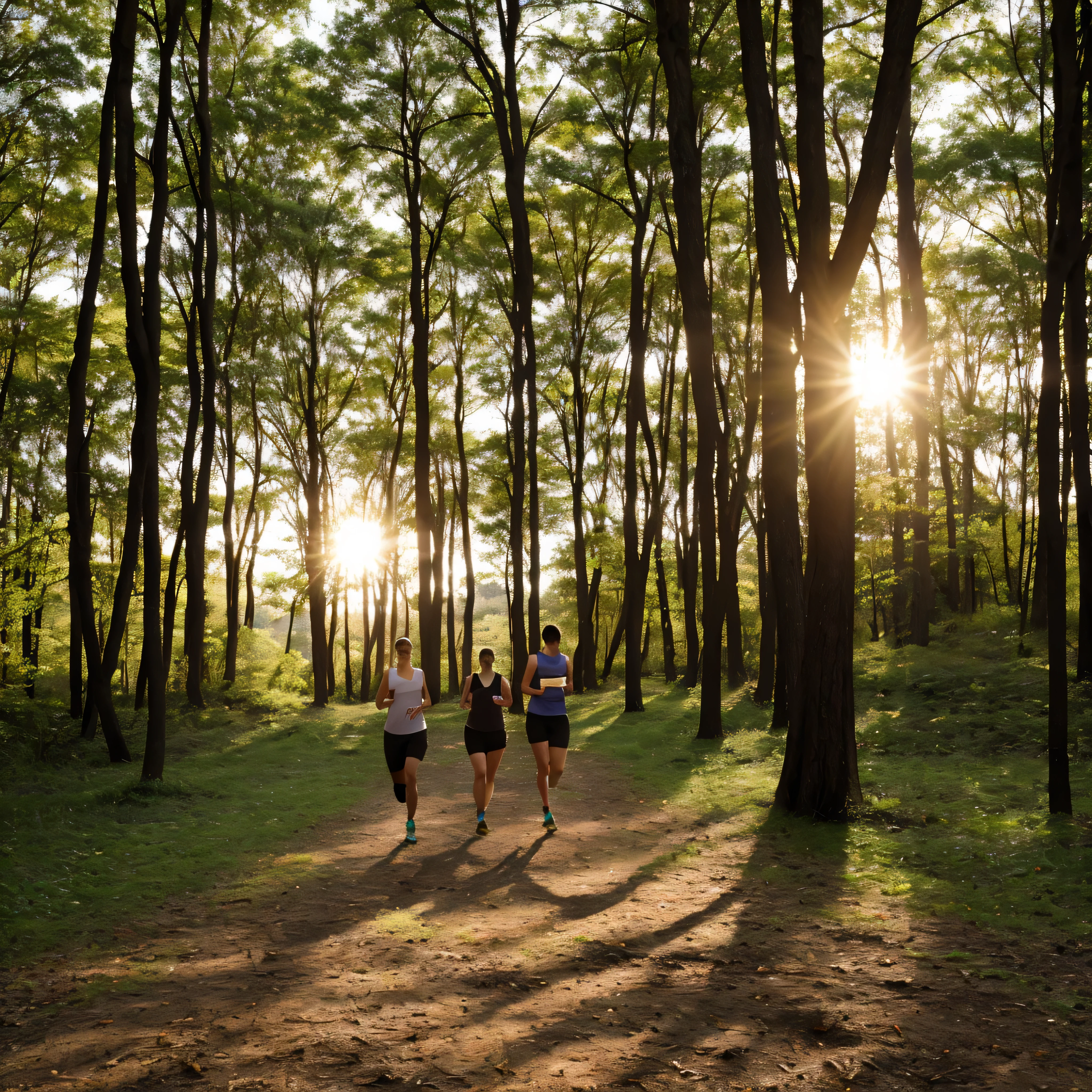 pessoas se exercitando, alguns correndo, um pouco de caminhada, em uma pista de corrida que fica dentro de uma floresta. On one side of the track there is a beautiful lake with the sun in the background and on the other there are several trees in the background.