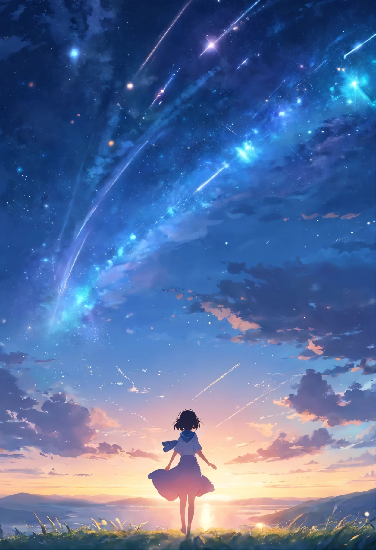 Riesiger Magischer Sternenhimmel, (Girl in the background), Anime stil, meisterwerk, Sternennebel, Sternzeichen, funkelnde sterne