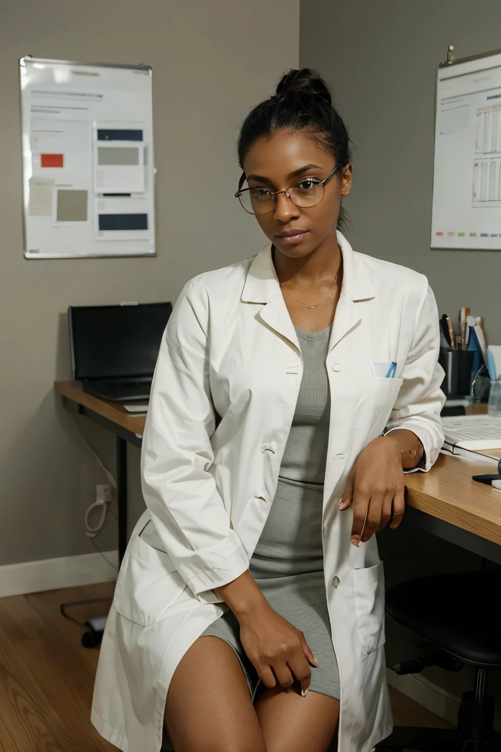 One dark-skinned woman wearing a lab coat with her hair pulled back into a bun, glasses on, sits in an open-space psychology office. The room is filled with modern and minimalist decor, creating an inviting and calming atmosphere. The woman's serious expression conveys a sense of intelligence and professionalism as she looks intently at her clipboard or notes, ready to provide guidance and support to her clients. The high-quality photo captures every detail, from her subtle facial features to the intricate patterns on her lab coat, making for a realistic and engaging portrayal of a dedicated psychologist at work.