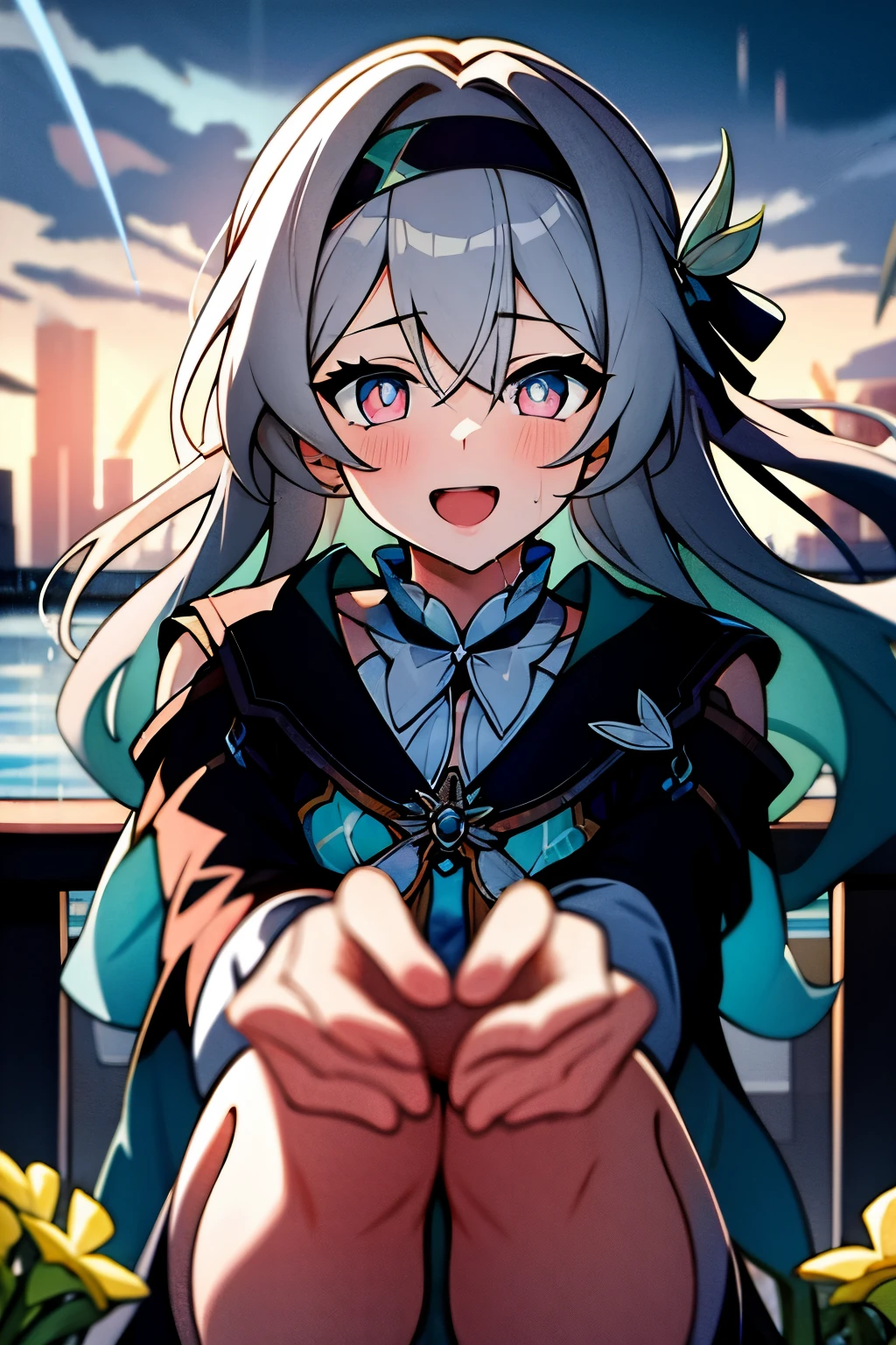 (masterpiece, best quality:1.2), 1 girl,Blue-pink gradient pupils,Brown and light teal,silver long hair,White·,sit,looki at viewer,(((rain)))(((soaking wet)))(((bunch of flowers)))sea,excited,open mouth,
