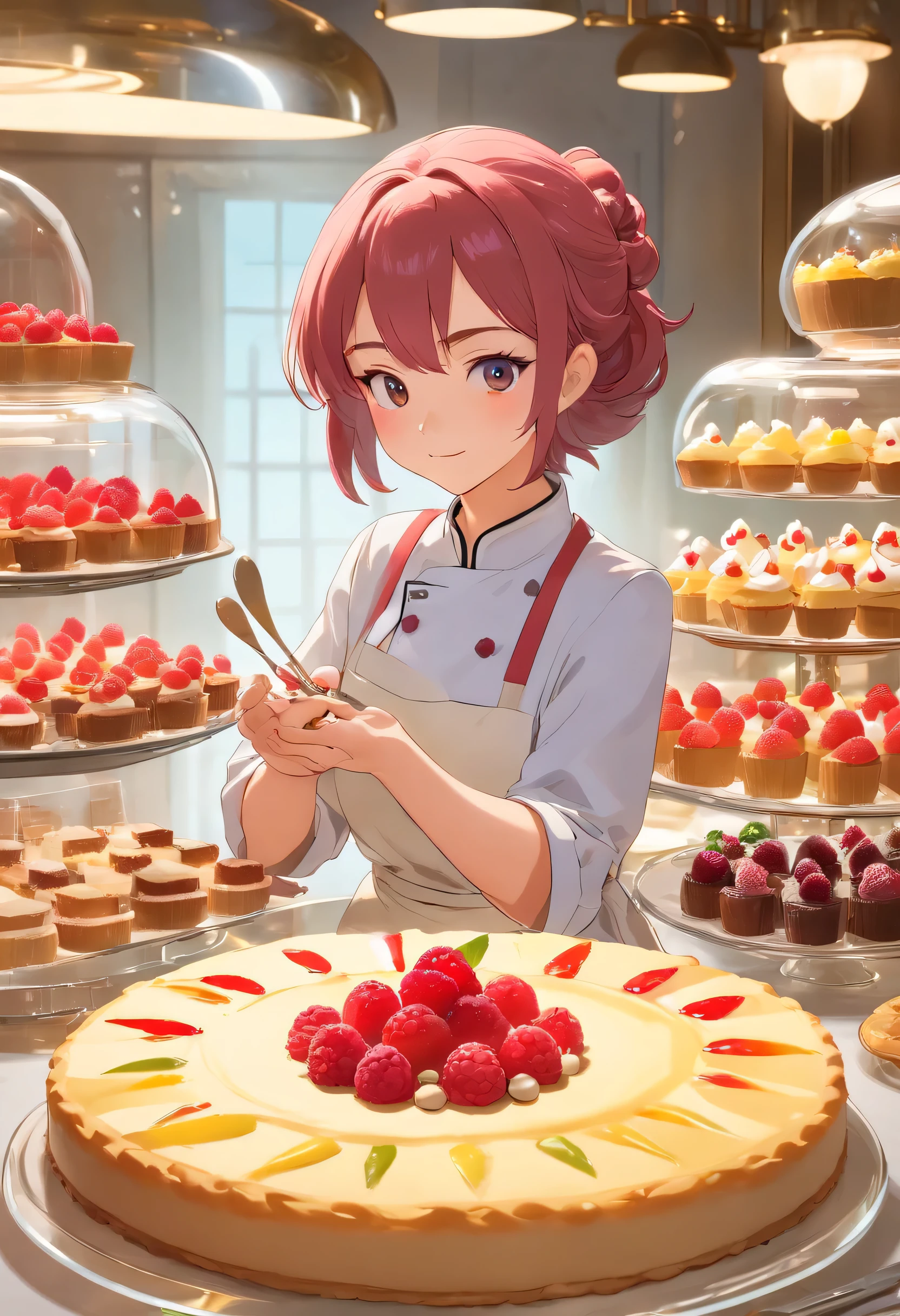 Professional pastry chef expertly creates decadent desserts. This image shows a perfect pastry kitchen，Comes with marble countertops and glass display cabinets. Chef, Elegant woman in her thirties, Carefully place raspberries on top of mousse cake, She wears a silver ring on her hand. The air is filled with the aroma of freshly baked food. Various exquisite desserts are displayed in the background, Demonstrate a chef’s artistry and attention to detail. This photo captures the sophistication and elegance of high-end pastry creations. photography：Pierre Hermé, World renowned pastry chef、Flavor Association Daishi