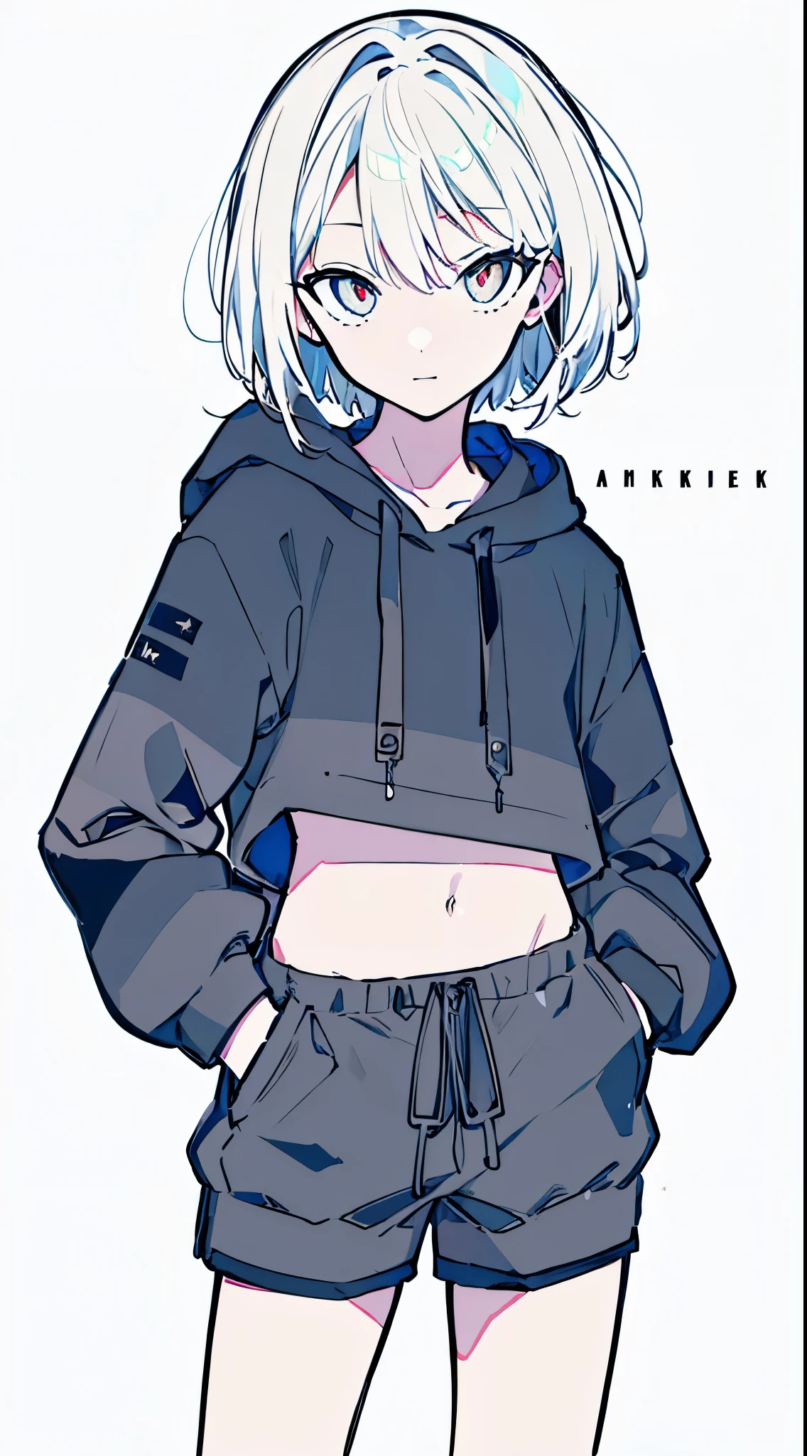 (masterpiece, highest quality:1.6), alone, thick outline, (simple background, bright white background, monochrome, bright white theme:1.2), official art, Key Visual, 8K, disorganized, whole body, (unique hair, oversized hoodie, hot pants, wearing a hood, arch back, short torso:1.2), belly button, thighs, cowboy shot, HDR, sharp focus, High resolution, most detailed, very detailed, Super detailed, finely, detailed eyes and face, sharp pupils, realistic student, solo, White contrast, solo, hands in pockets