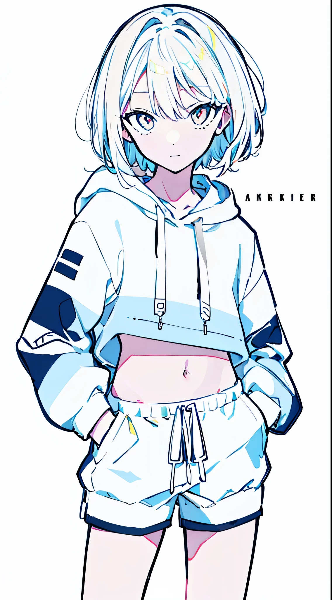 (masterpiece, highest quality:1.6), alone, thick outline, (simple background, bright white background, monochrome, bright white theme:1.2), official art, Key Visual, 8K, disorganized, whole body, (unique hair, oversized hoodie, hot pants, wearing a hood, arch back, short torso:1.2), belly button, thighs, cowboy shot, HDR, sharp focus, High resolution, most detailed, very detailed, Super detailed, finely, detailed eyes and face, sharp pupils, realistic student, solo, White contrast, solo, hands in pockets