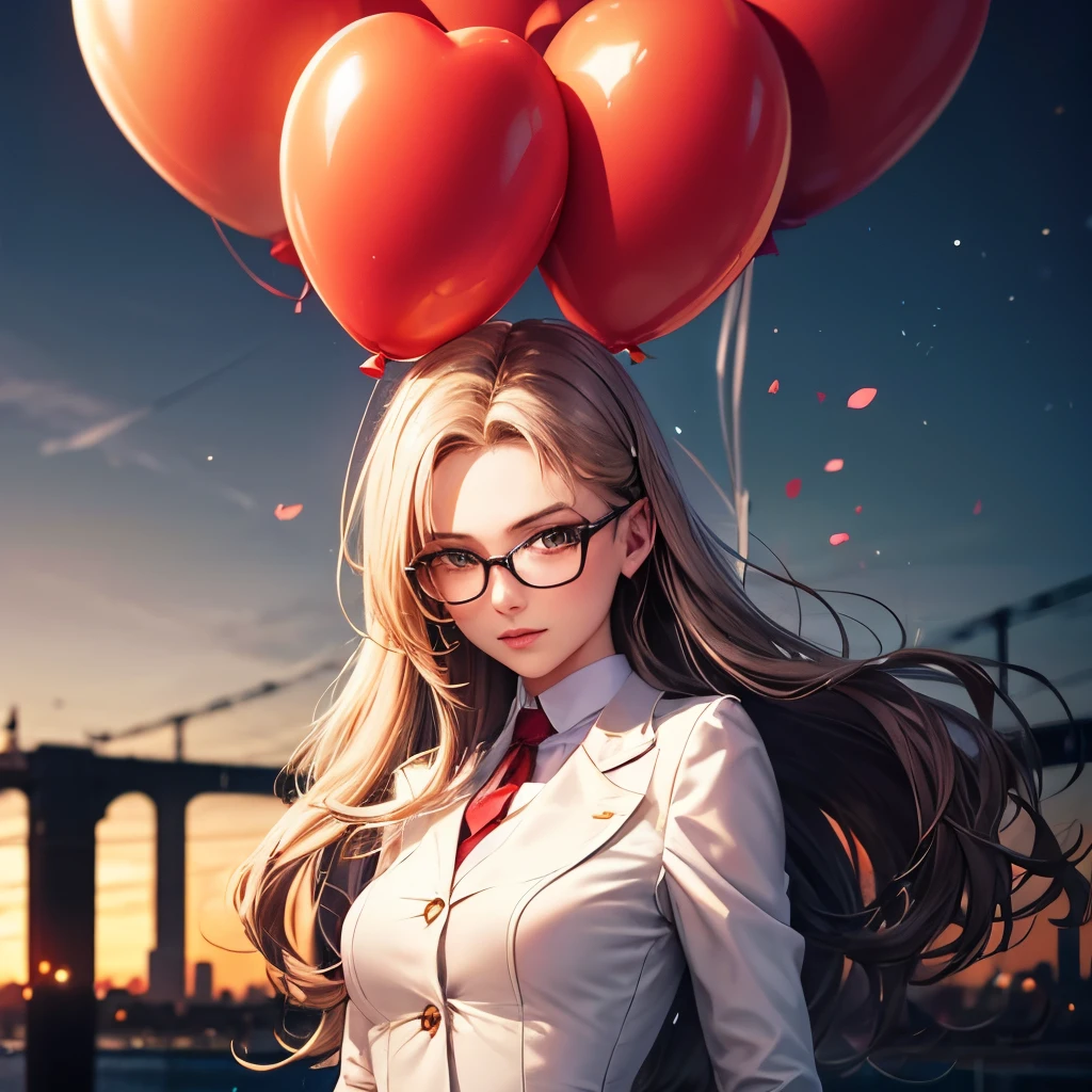 Very beautiful Russian woman with glasses, white long hair, white buttoned coat, red heart balloon, against the backdrop of the night city, Good quality, realistic