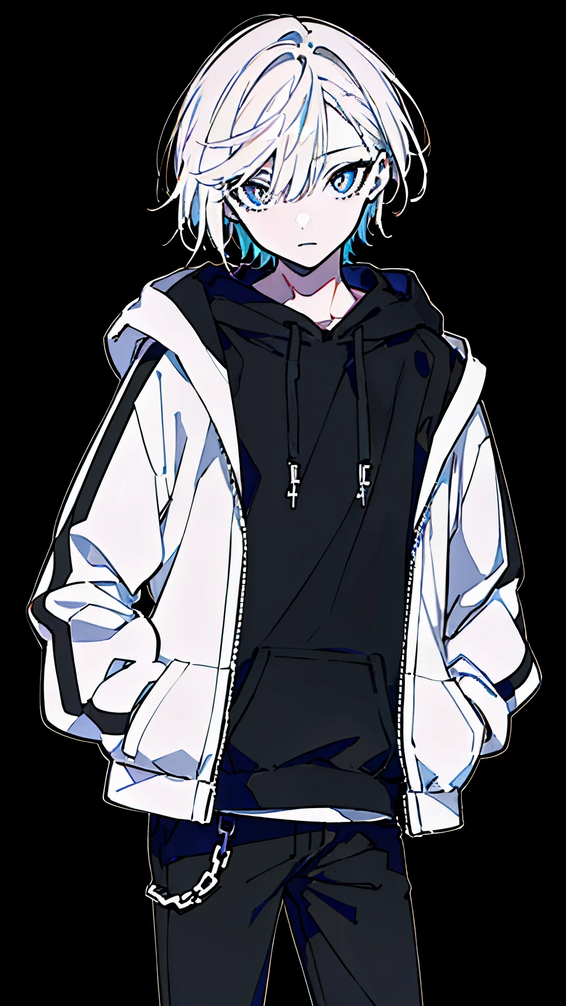 (masterpiece, highest quality:1.6), alone, thick outline, (simple background, light black background, monochrome, light black theme:1.2), official art, Key Visual, 8K, disorganized, whole body, (unique hair, oversized hoodie, hot pants, wearing a hood, arch back, short torso:1.2), belly button, thighs, cowboy shot, HDR, sharp focus, High resolution, most detailed, very detailed, Super detailed, finely, detailed eyes and face, sharp pupils, realistic student, solo, hands in pockets