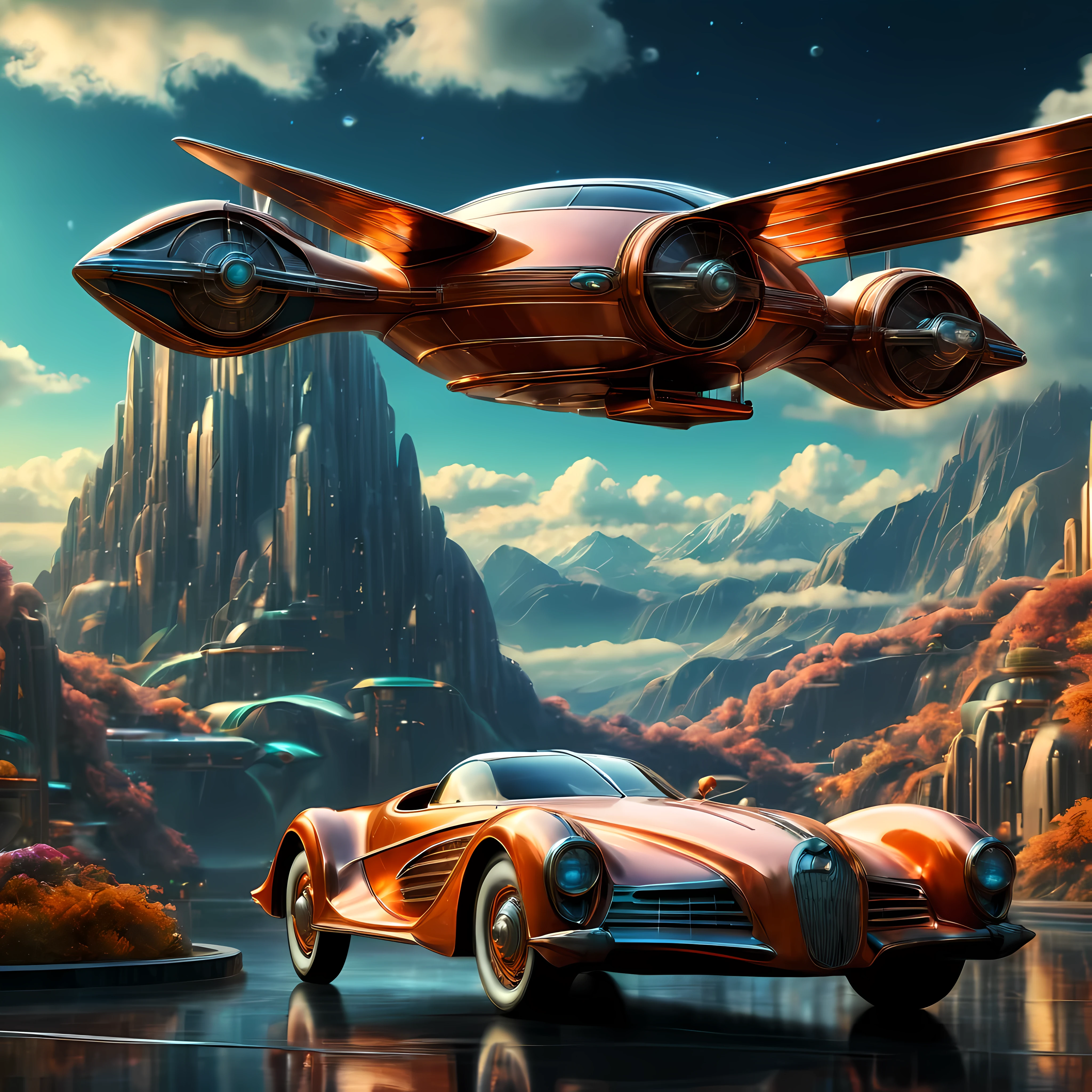 art deco style flying car, art deco style science fiction, background is vast mountain
(best quality,4k,8k,highres,masterpiece:1.2),ultra-detailed,(realistic,photorealistic,photo-realistic:1.37),HDR,UHD,studio lighting,ultra-fine painting,sharp focus,physically-based rendering,extreme detail description,professional,vivid colors,bokeh.