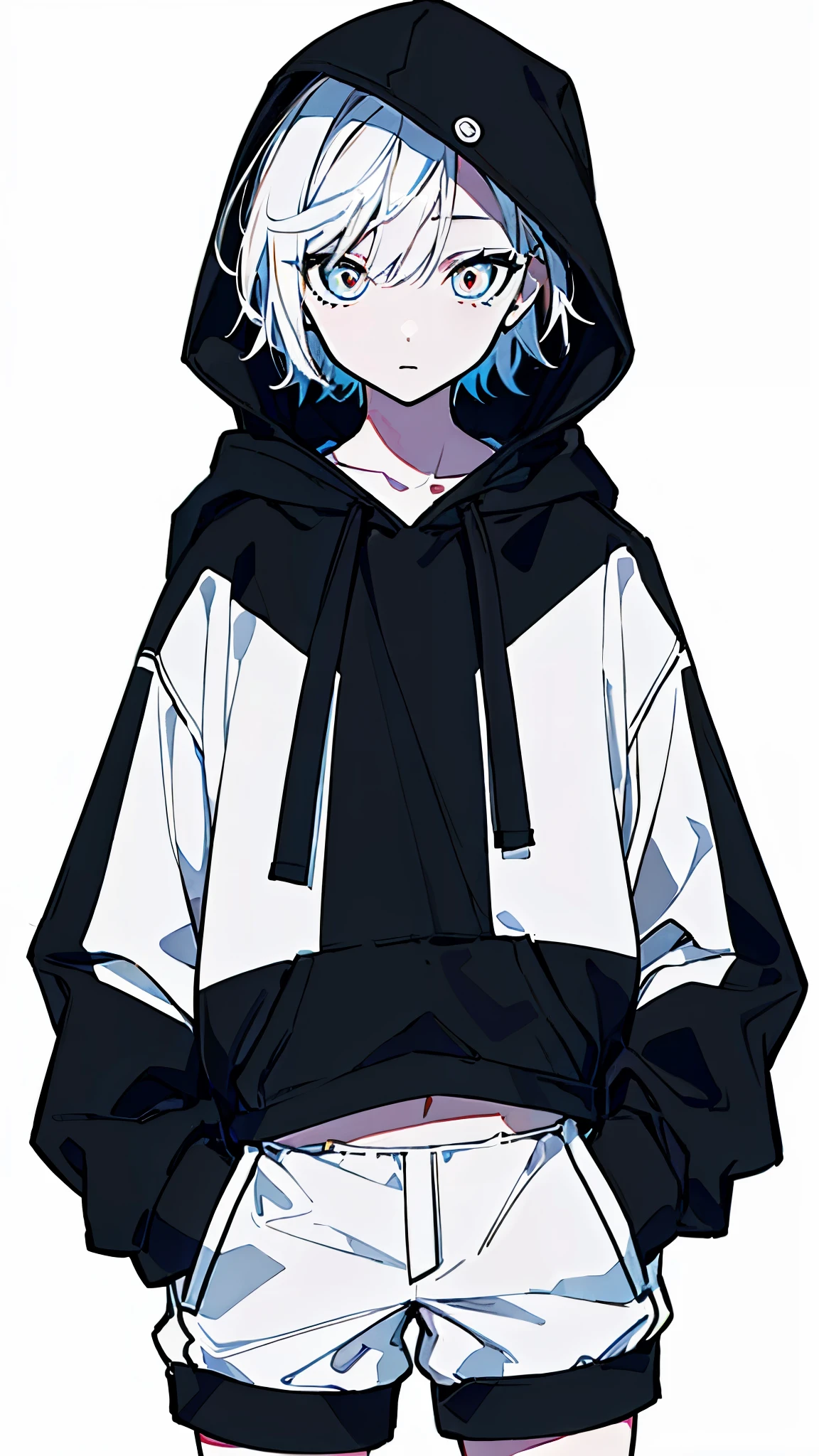 (masterpiece, highest quality:1.6), alone, thick outline, (simple background, bright white background, monochrome, bright white theme:1.2), official art, Key Visual, 8K, disorganized, whole body, (unique hair, oversized hoodie, hot pants, wearing a hood, arch back, short torso:1.2), belly button, thighs, cowboy shot, HDR, sharp focus, High resolution, most detailed, very detailed, Super detailed, finely, detailed eyes and face, sharp pupils, realistic student, solo, hands in pockets