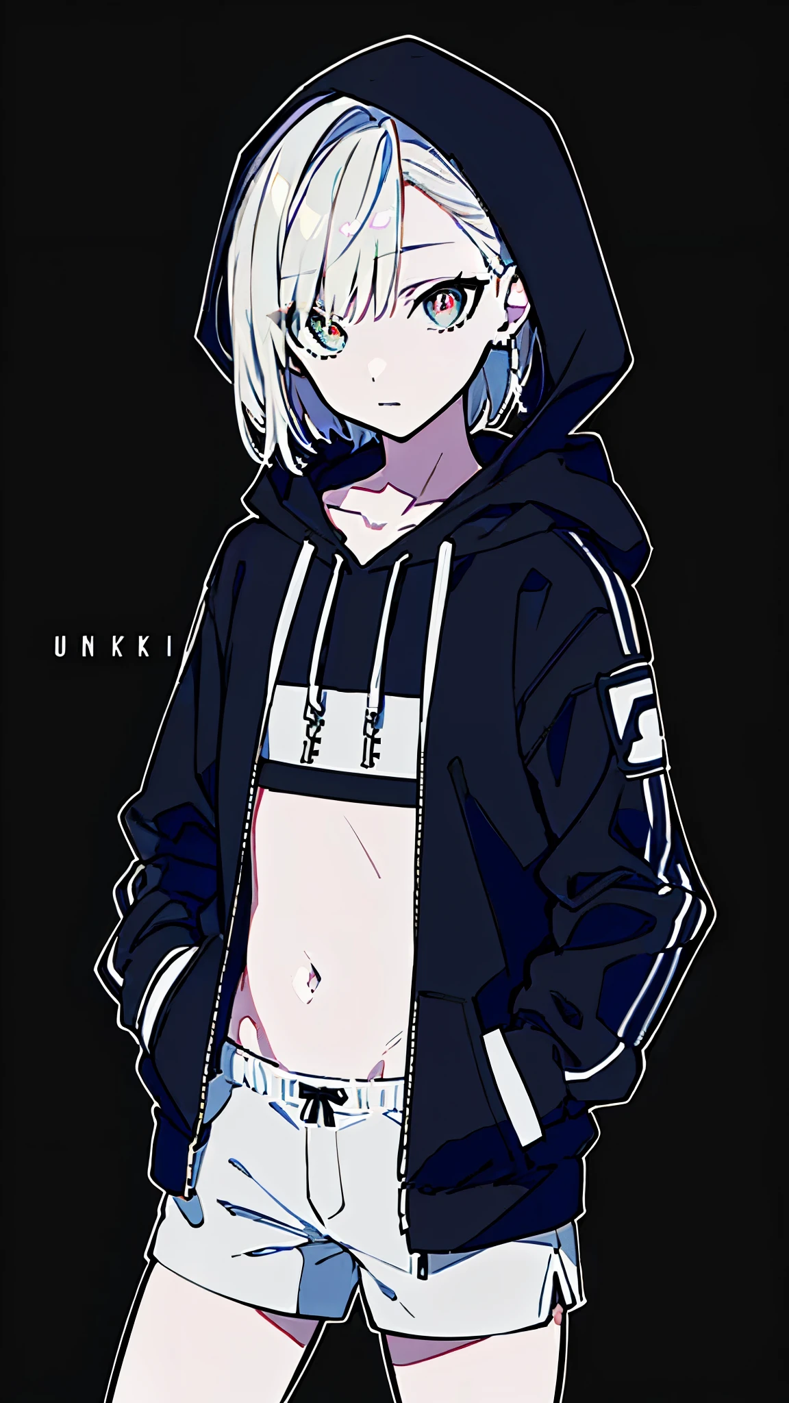 (masterpiece, highest quality:1.6), alone, thick outline, (simple background, light black background, monochrome, light black theme:1.2), official art, Key Visual, 8K, disorganized, whole body, (unique hair, oversized hoodie, hot pants, wearing a hood, arch back, short torso:1.2), belly button, thighs, cowboy shot, HDR, sharp focus, High resolution, most detailed, very detailed, Super detailed, finely, detailed eyes and face, sharp pupils, realistic student, solo, hands in pockets